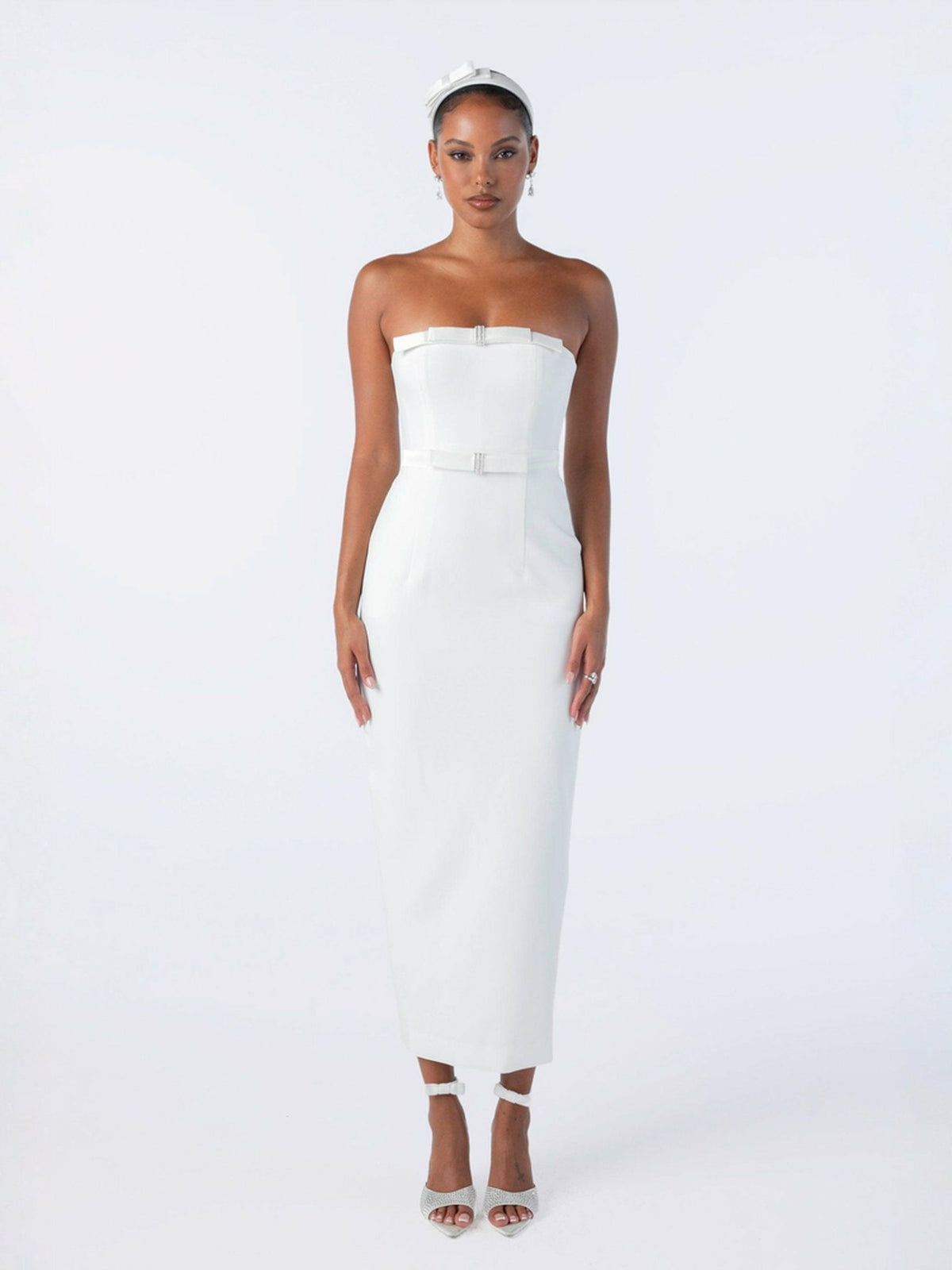 Demi Bow Dress: White Midi Dress for Bridal Shower | Nana Jacqueline