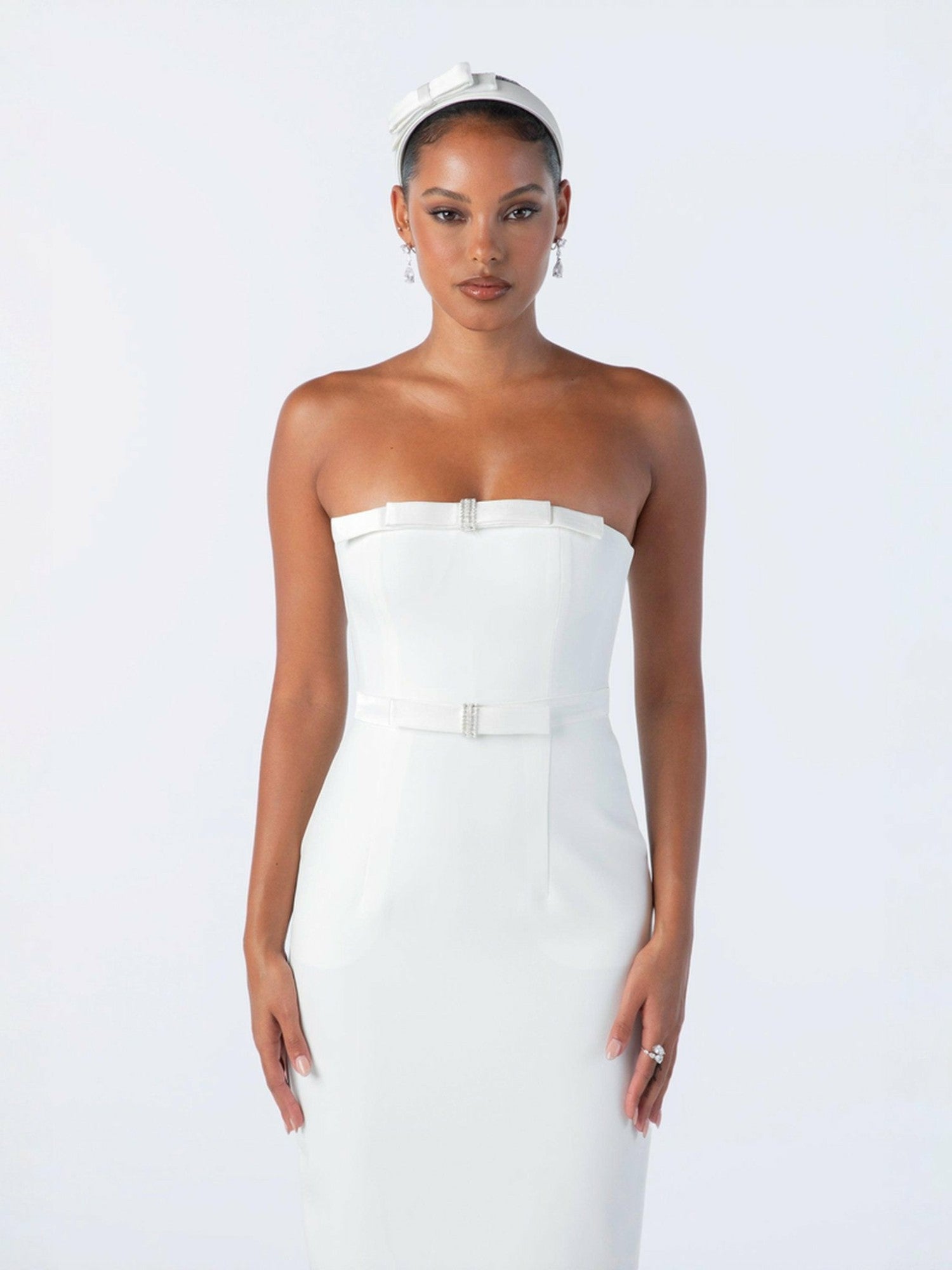 Demi Bow Dress: White Midi Dress for Bridal Shower | Nana Jacqueline