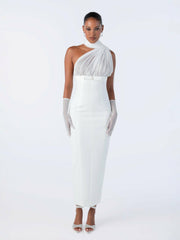 Camella Dress: White Midi Dress for Rehearsal Dinner | Nana Jacqueline