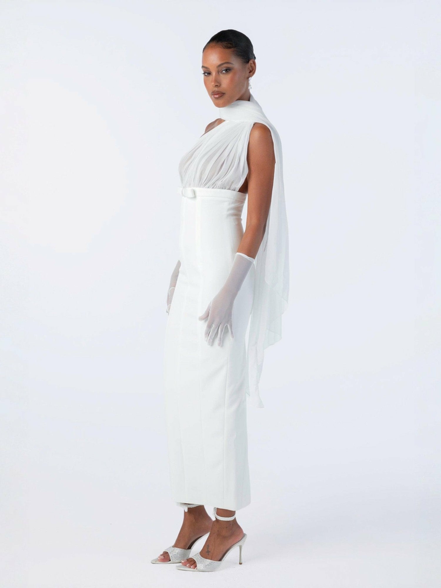 Camella Dress: White Midi Dress for Rehearsal Dinner | Nana Jacqueline