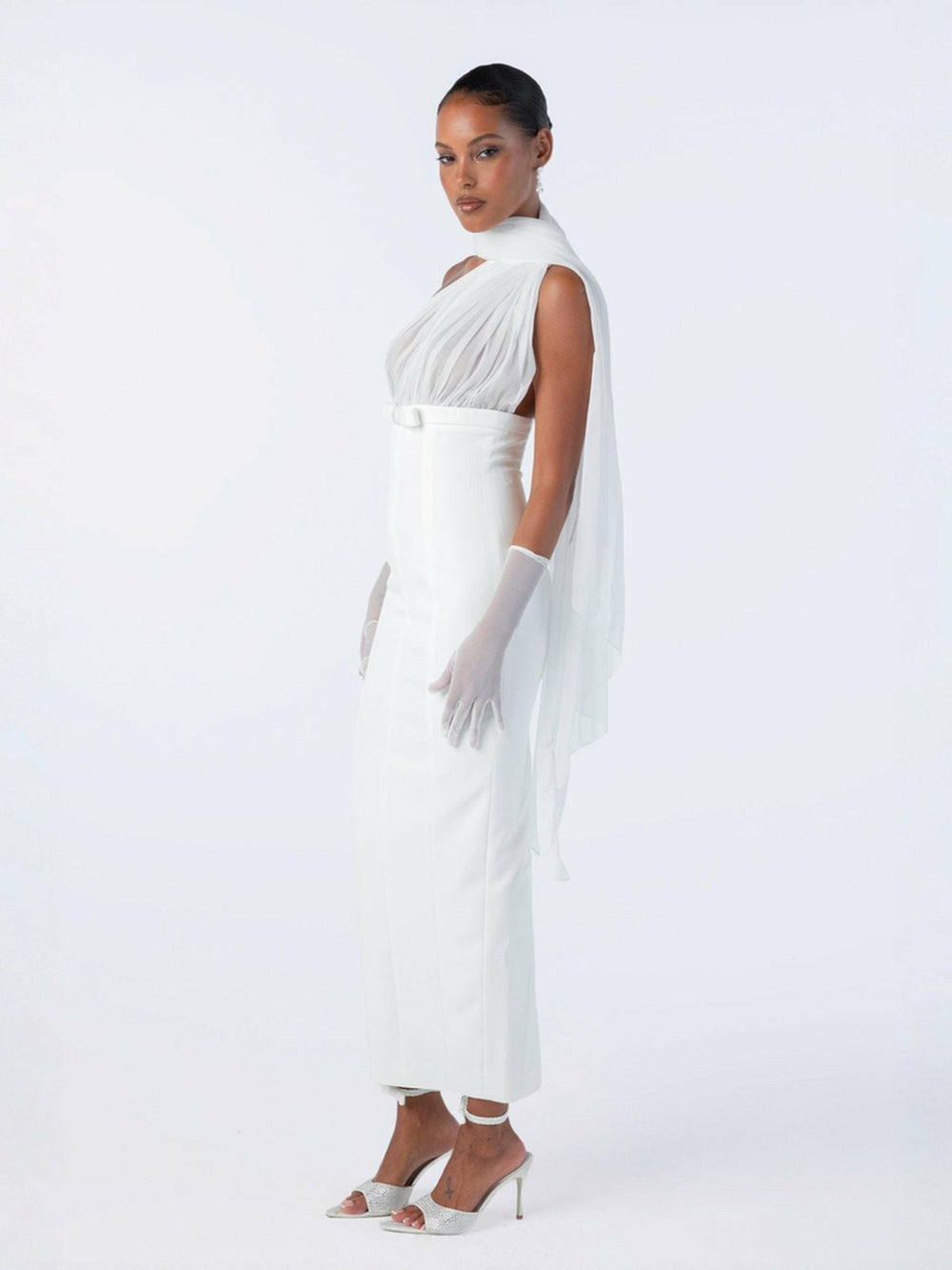 Camella Dress: White Midi Dress for Rehearsal Dinner | Nana Jacqueline