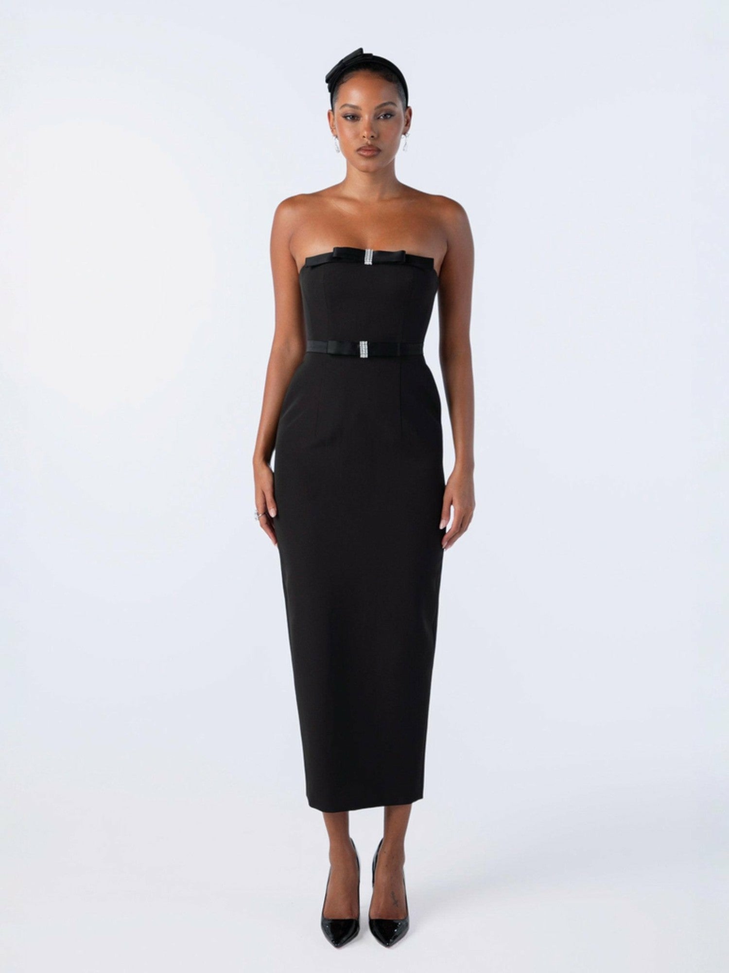 Demi Bow Dress: Black Midi Dress for Cocktail Party | Nana Jacqueline