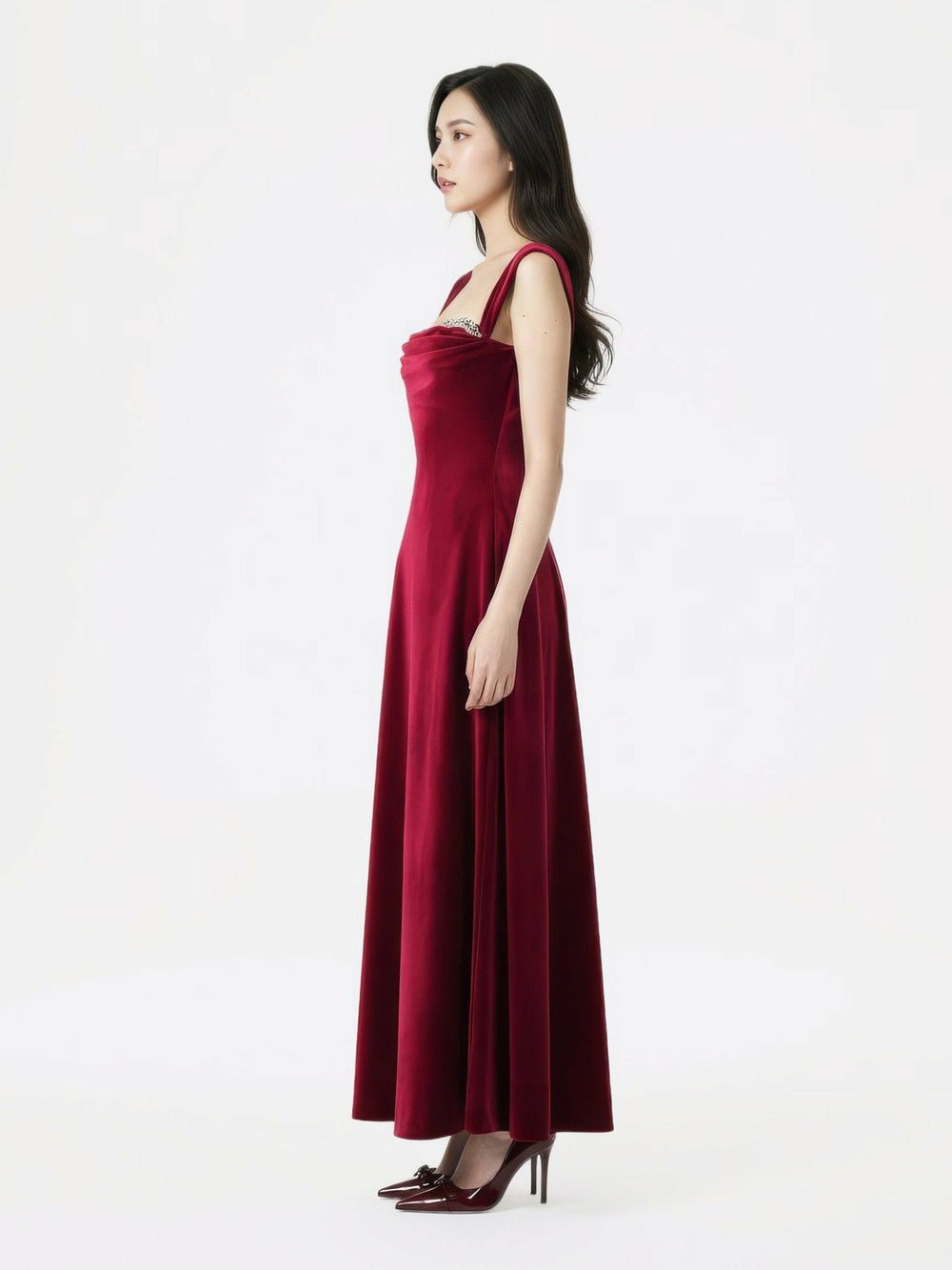 Belle Velvet Maxi Dress: Red Maxi Dress for Formal Wedding Guest | Nana Jacqueline
