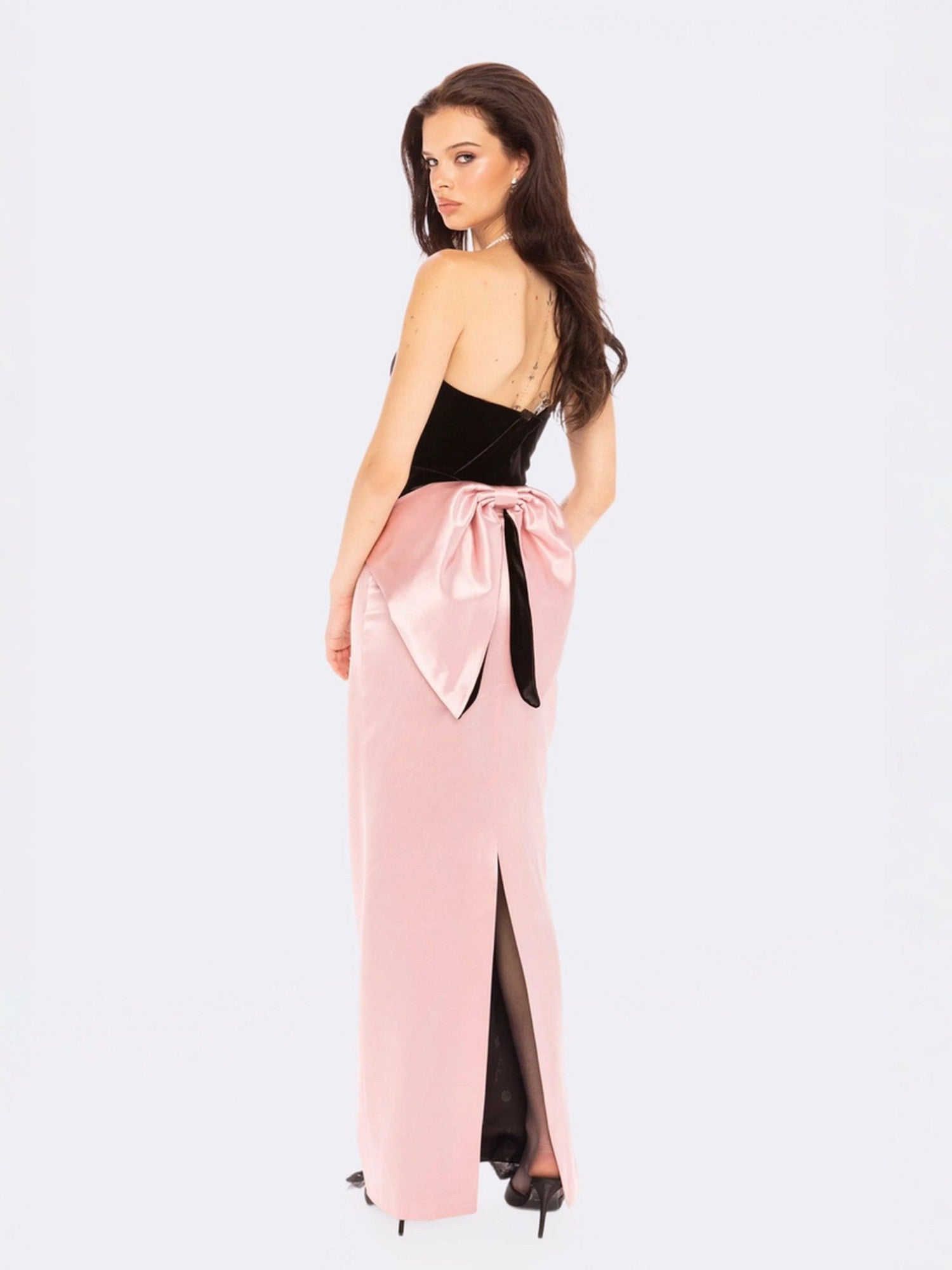 Amor Strapless Velvet Maxi Dress: Black Pink Maxi Dress for Cocktail Party | Nana Jacqueline