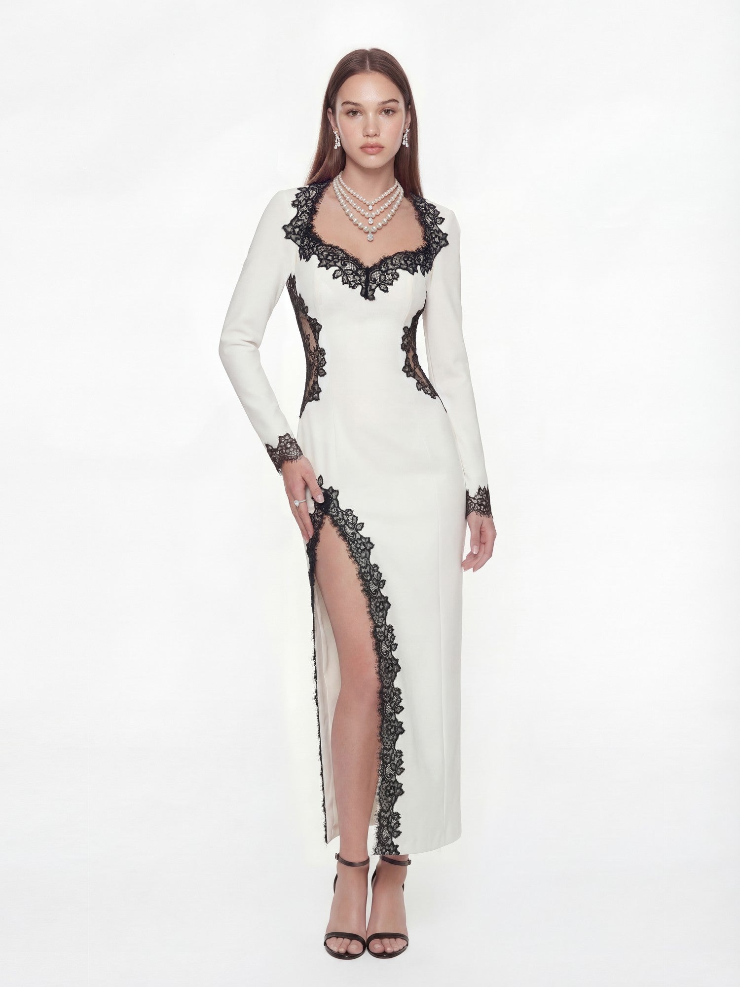 Adriana Lace Trim High-Slit Ivory Maxi Dress | Nana Jacqueline