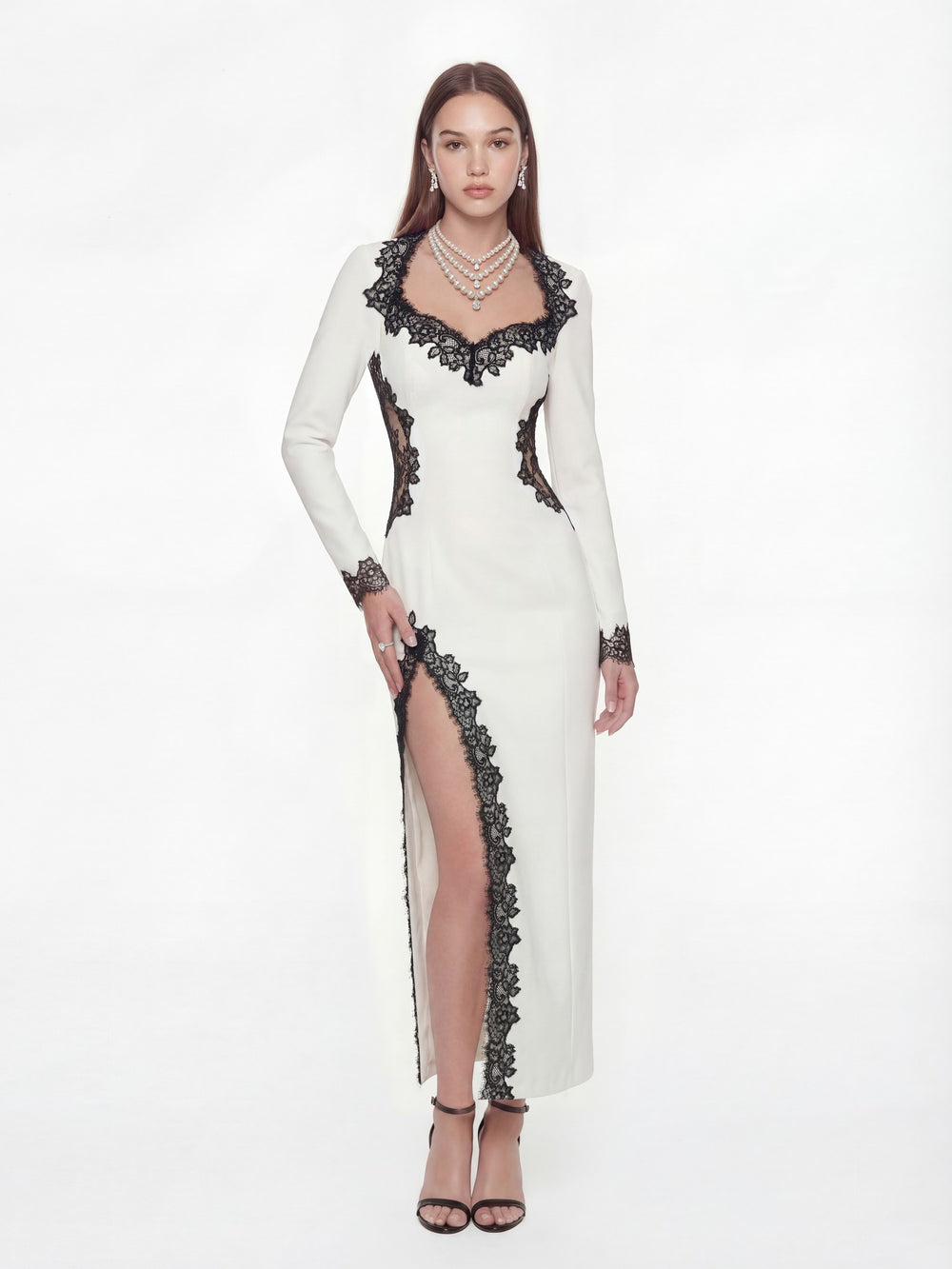 Adriana Lace Trim High-Slit Ivory Maxi Dress | Nana Jacqueline