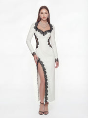 Adriana Lace Trim High-Slit Ivory Maxi Dress | Nana Jacqueline