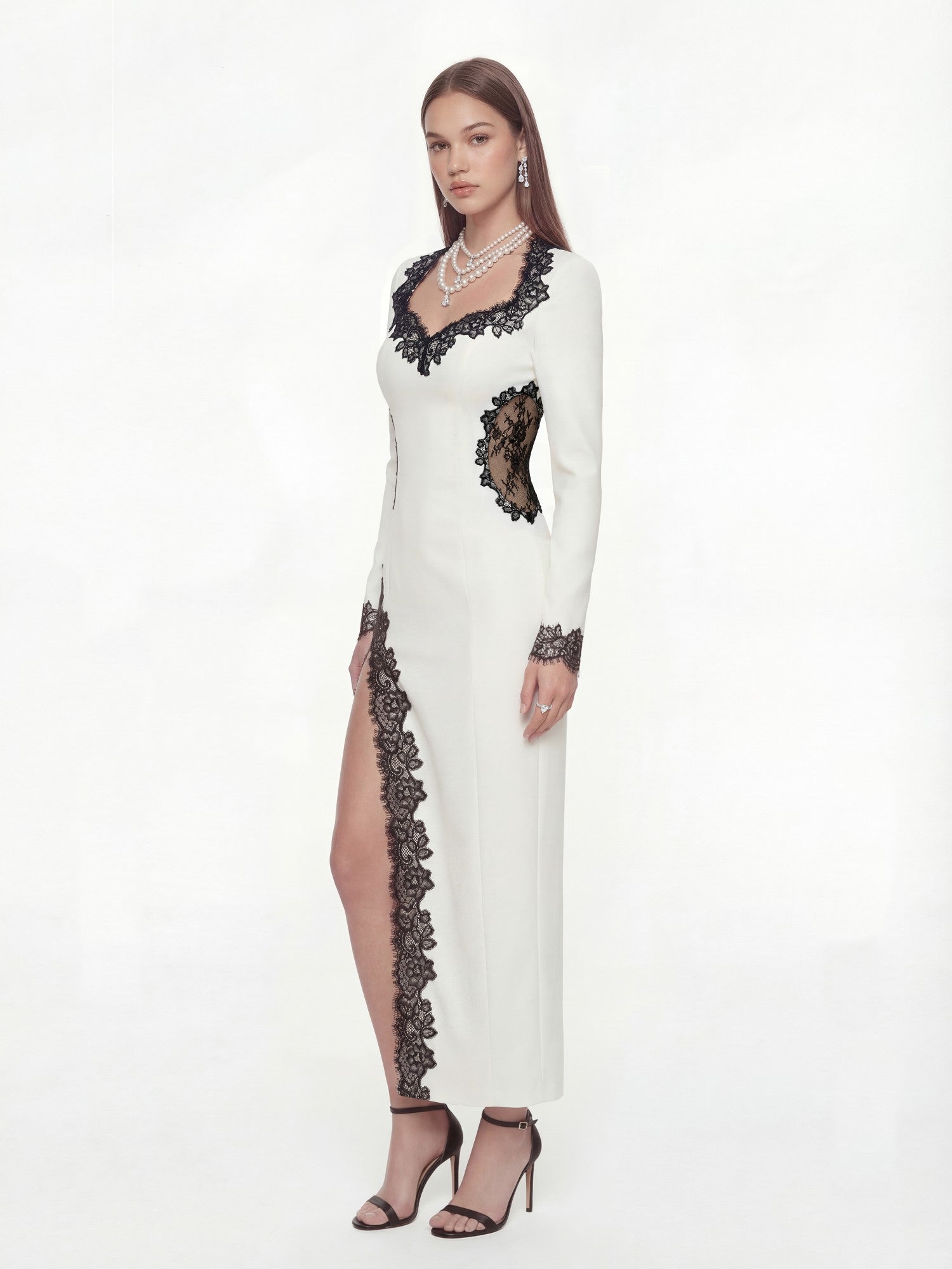 Adriana Lace Trim High-Slit Ivory Maxi Dress | Nana Jacqueline