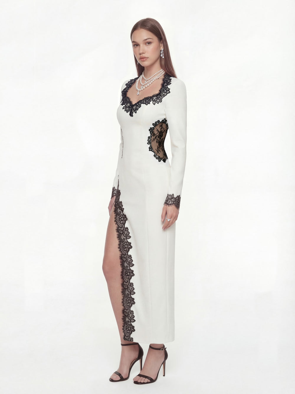 Adriana Lace Trim High-Slit Ivory Maxi Dress | Nana Jacqueline