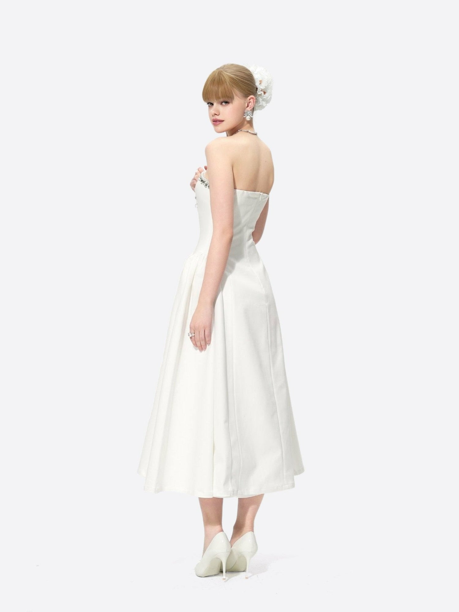 Nicolette Dress: White Midi Dress for Bridal Shower | Nana Jacqueline