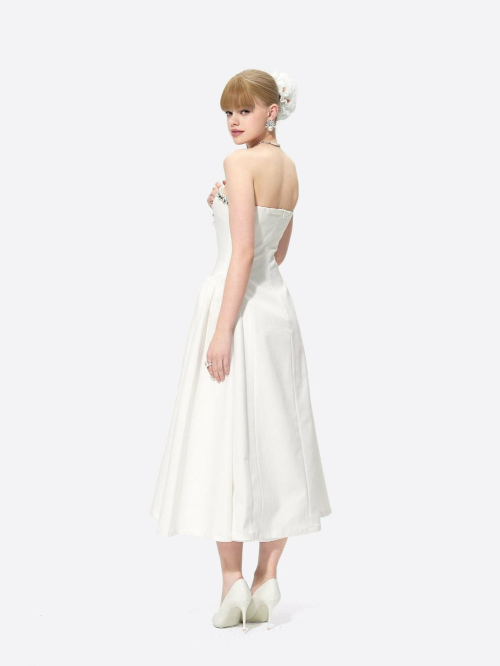 Nicolette Dress: White Midi Dress for Bridal Shower | Nana Jacqueline