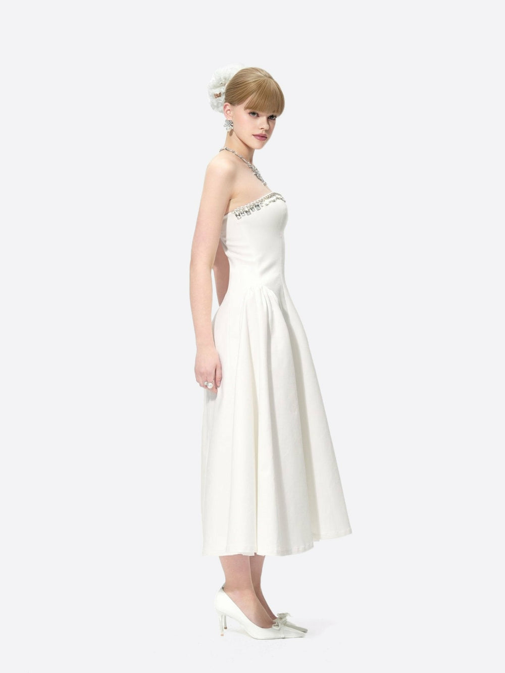 Nicolette Dress: White Midi Dress for Bridal Shower | Nana Jacqueline