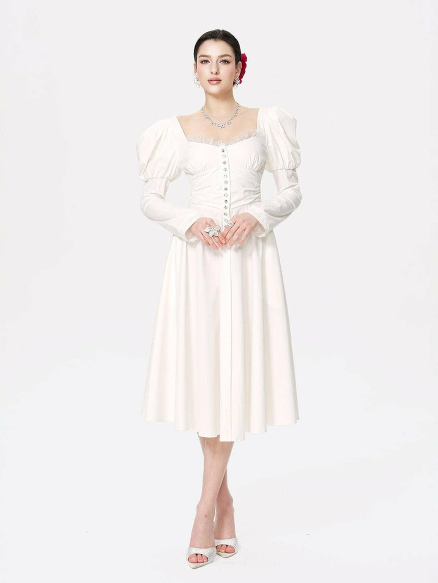 Livia Dress: White Midi Dress for Bridal Shower | Nana Jacqueline
