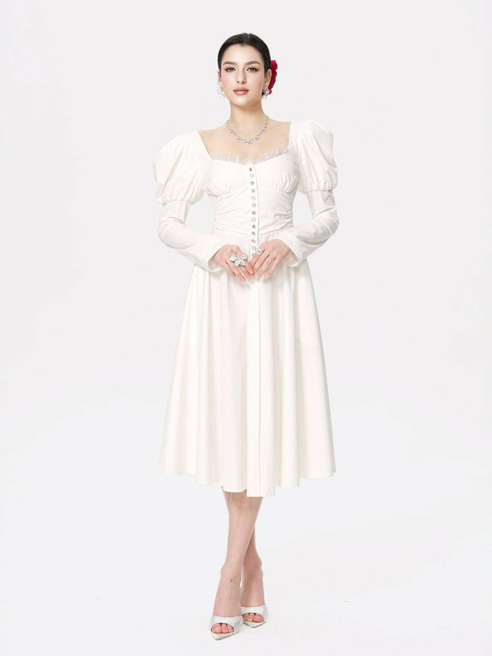 Livia Dress: White Midi Dress for Bridal Shower | Nana Jacqueline