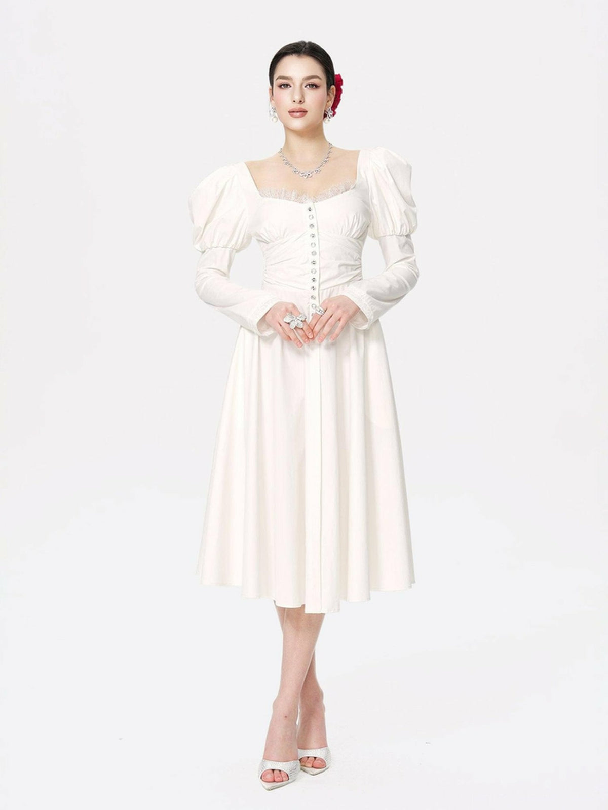 Livia Dress: White Midi Dress for Bridal Shower | Nana Jacqueline