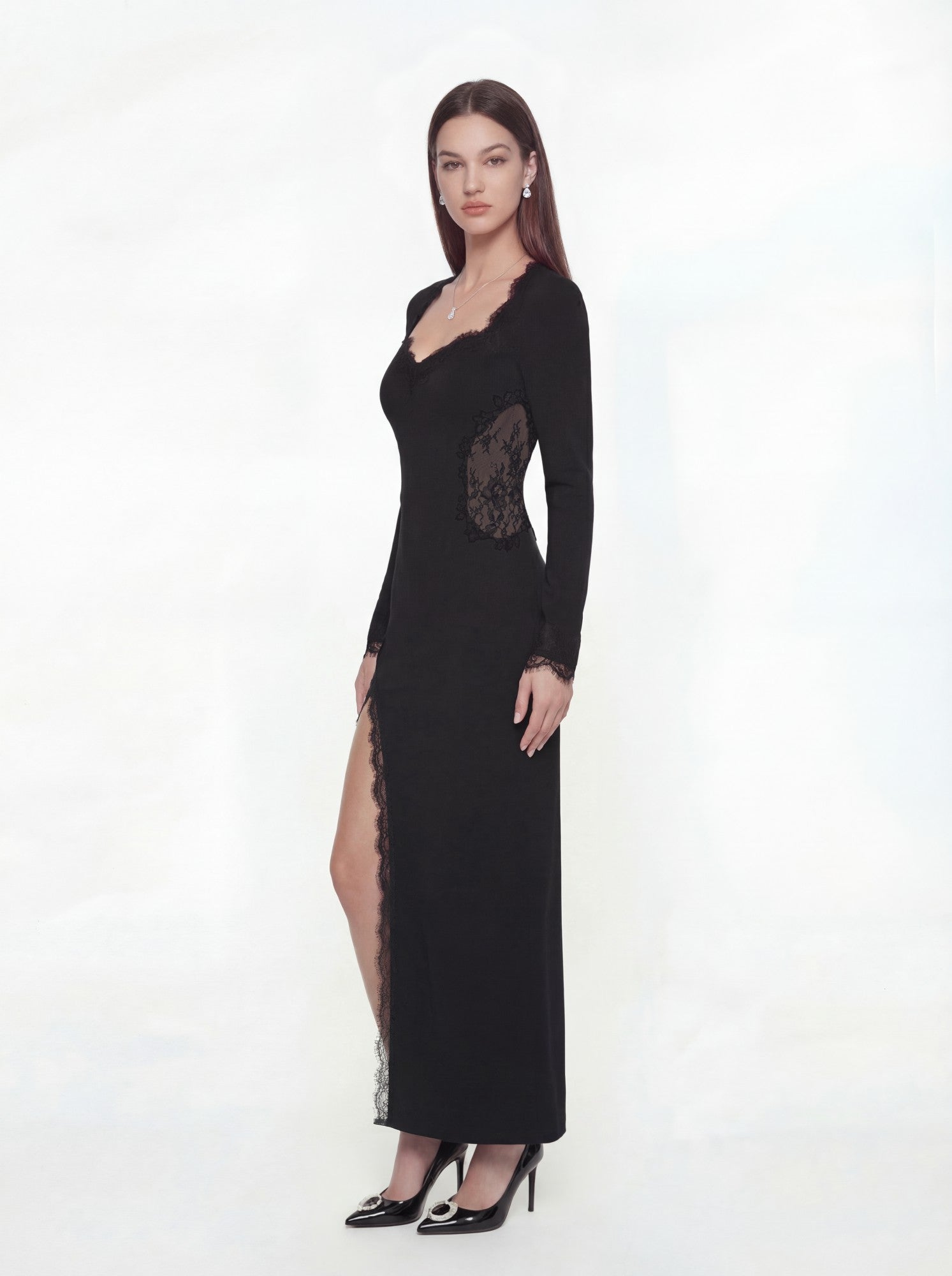 Adriana Lace High-Slit Black Acetate Maxi Dress | Nana Jacqueline