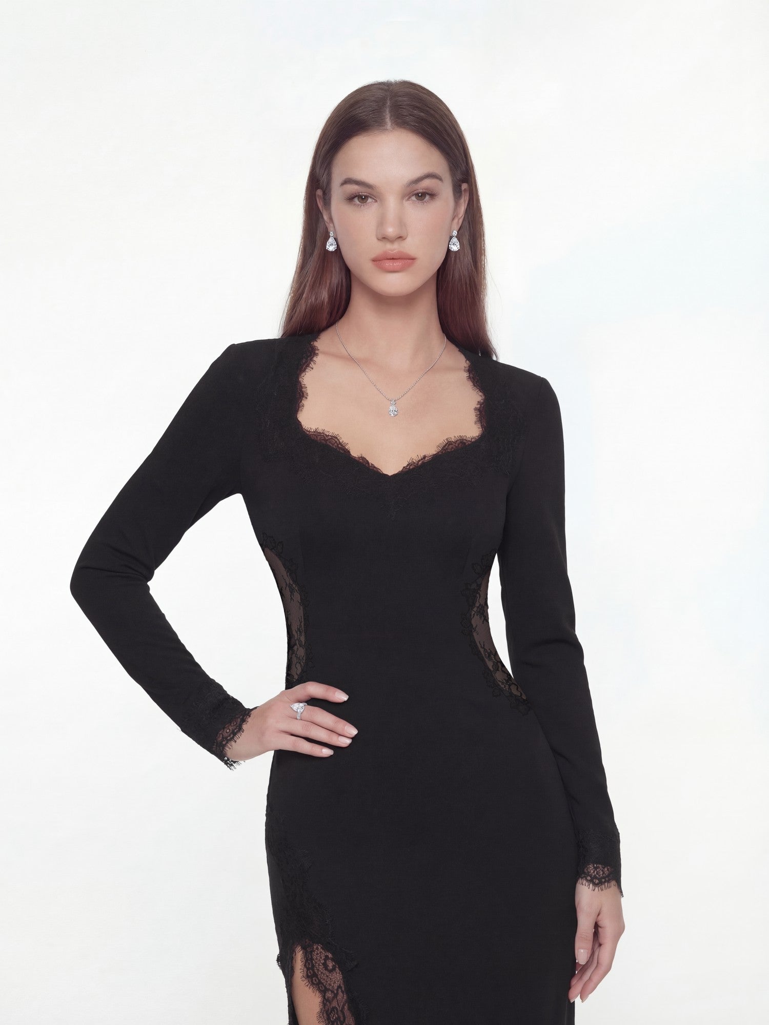 Adriana Lace High-Slit Black Acetate Maxi Dress | Nana Jacqueline