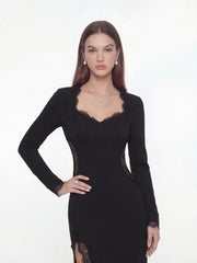 Adriana Lace High-Slit Black Acetate Maxi Dress | Nana Jacqueline