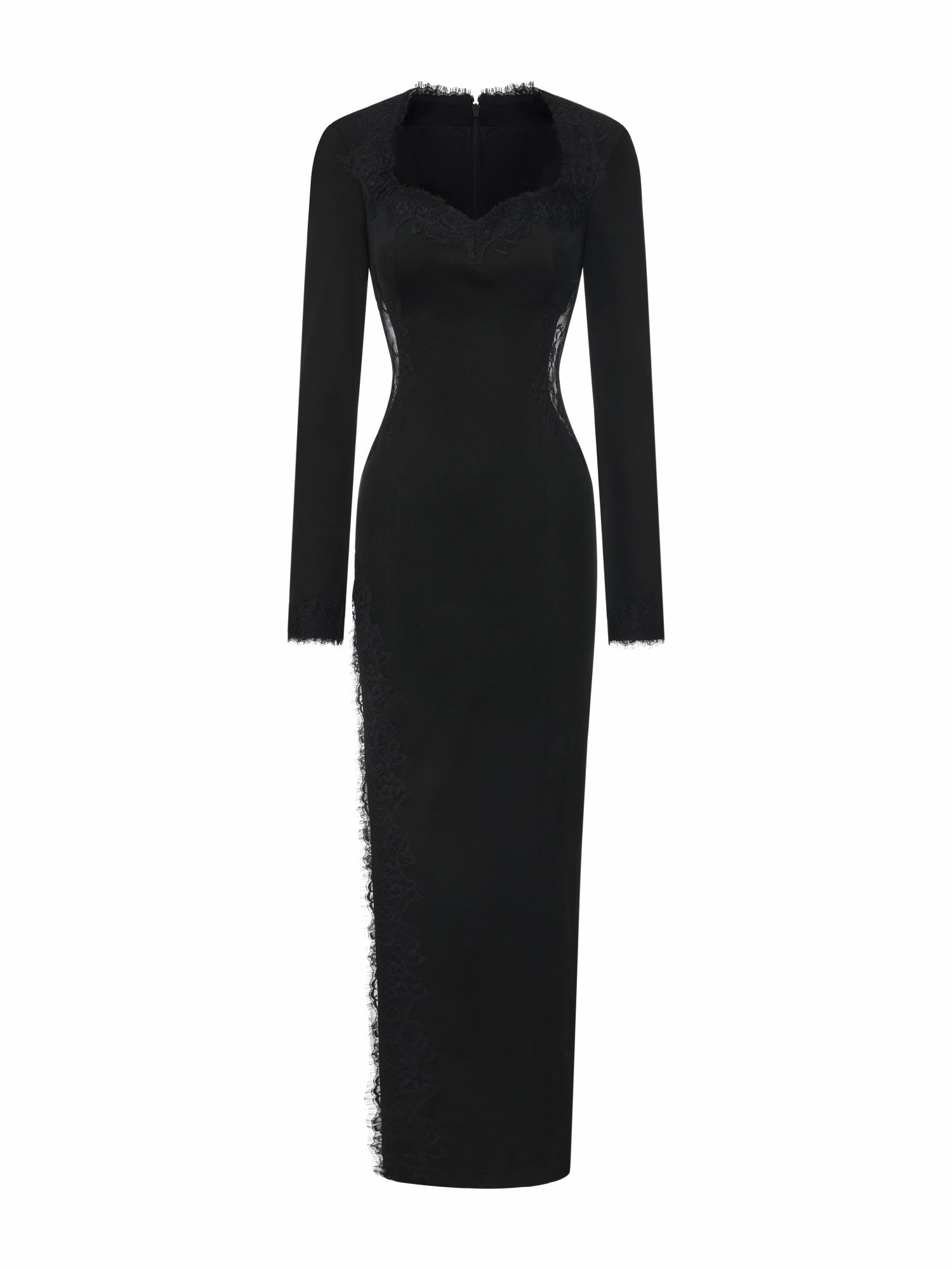 Adriana Lace High-Slit Black Acetate Maxi Dress | Nana Jacqueline