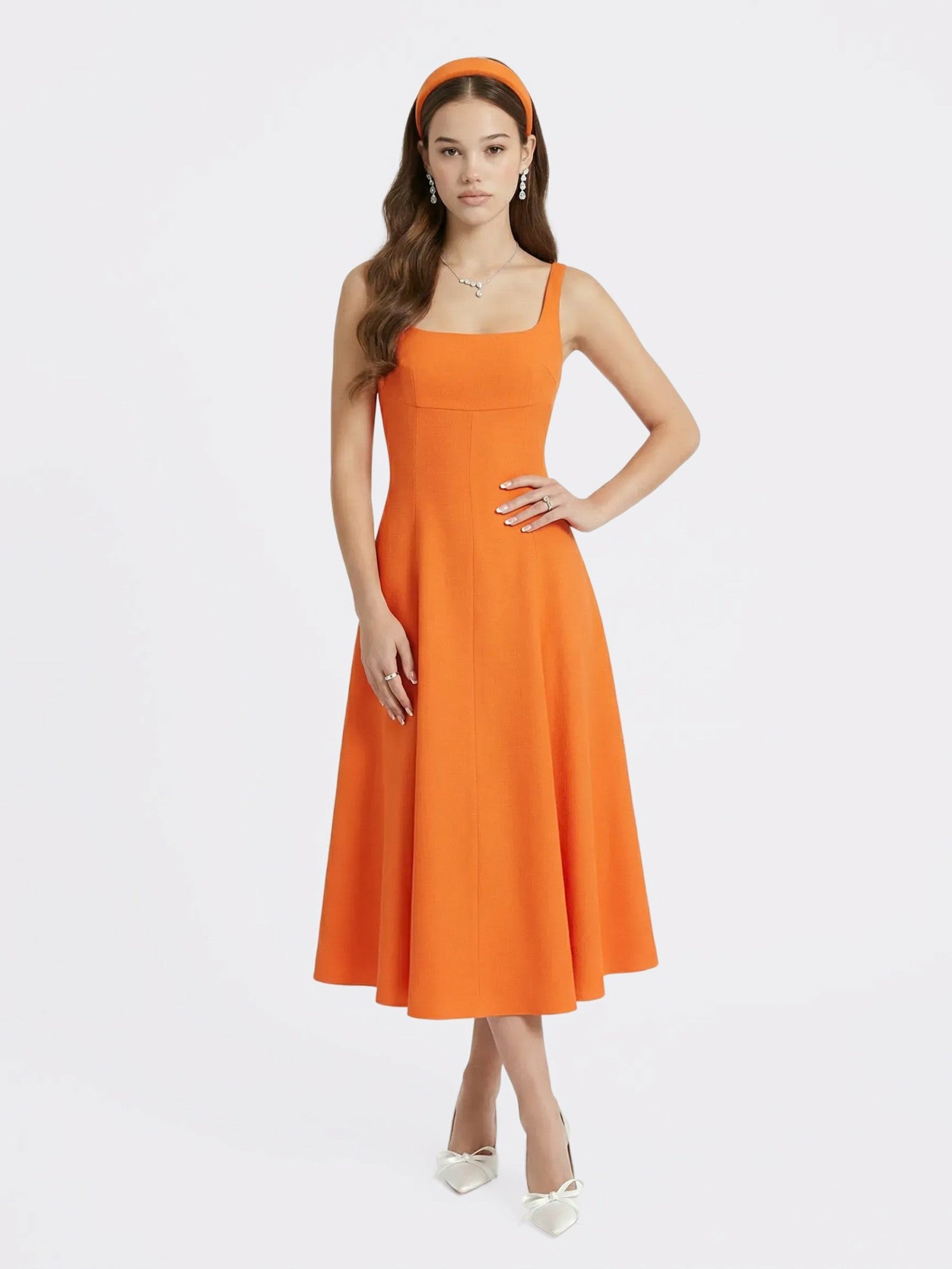 Orange Square-Neck Paneled Midi Dress | Nana Jacqueline