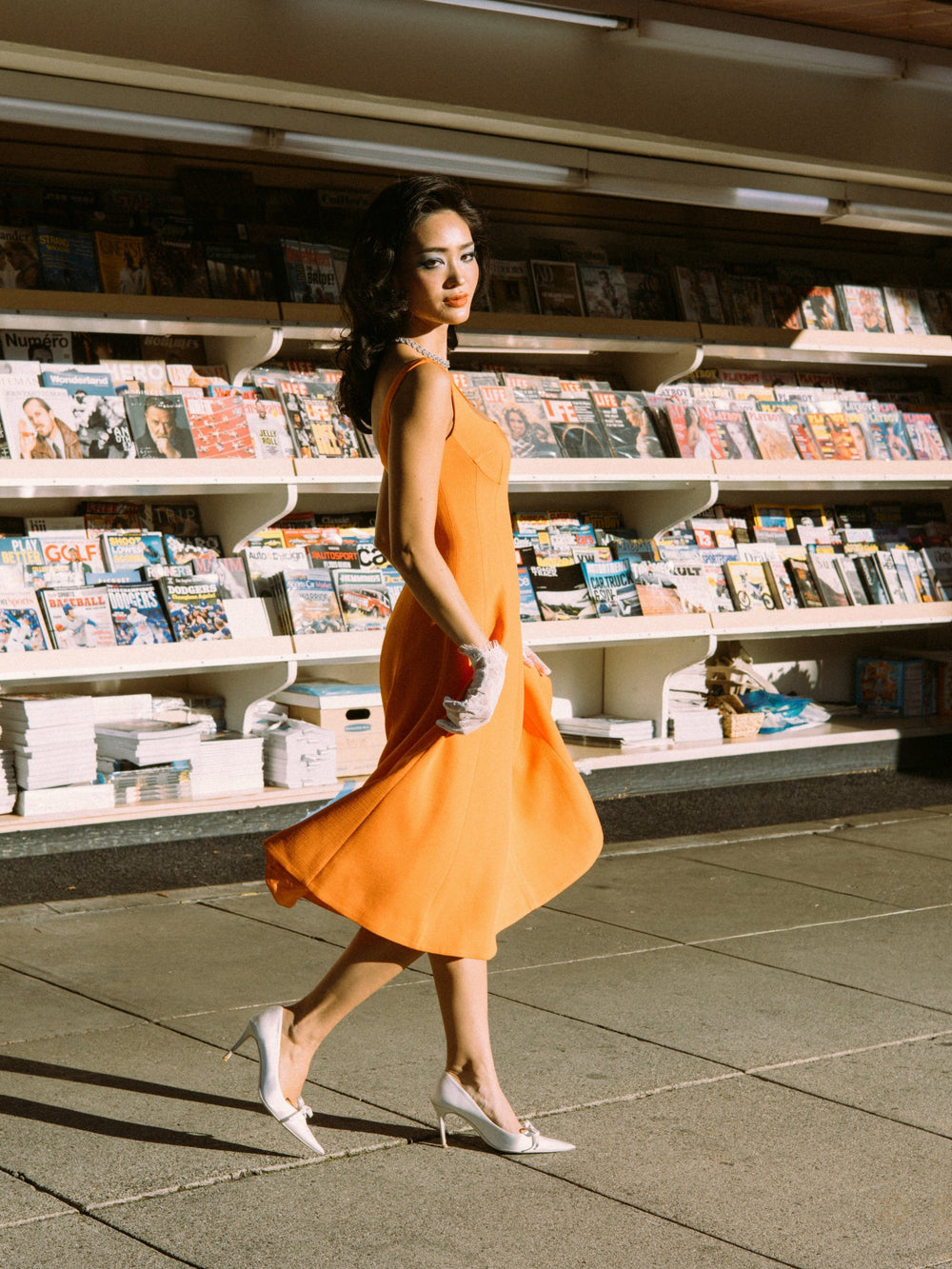 Orange Square-Neck Paneled Midi Dress | Nana Jacqueline