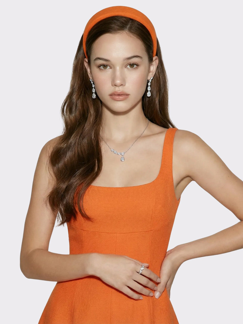 Orange Square-Neck Paneled Midi Dress | Nana Jacqueline