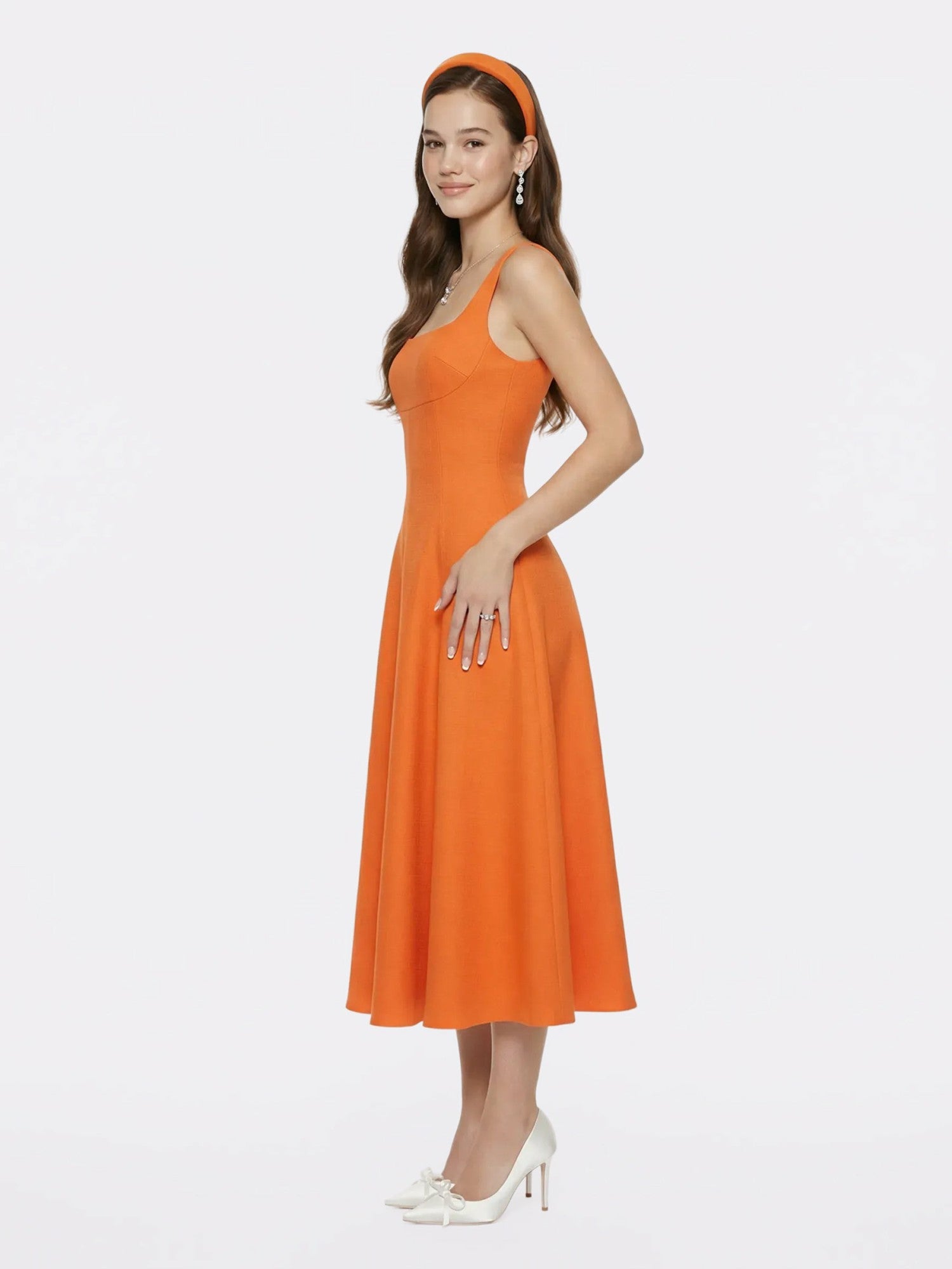 Orange Square-Neck Paneled Midi Dress | Nana Jacqueline