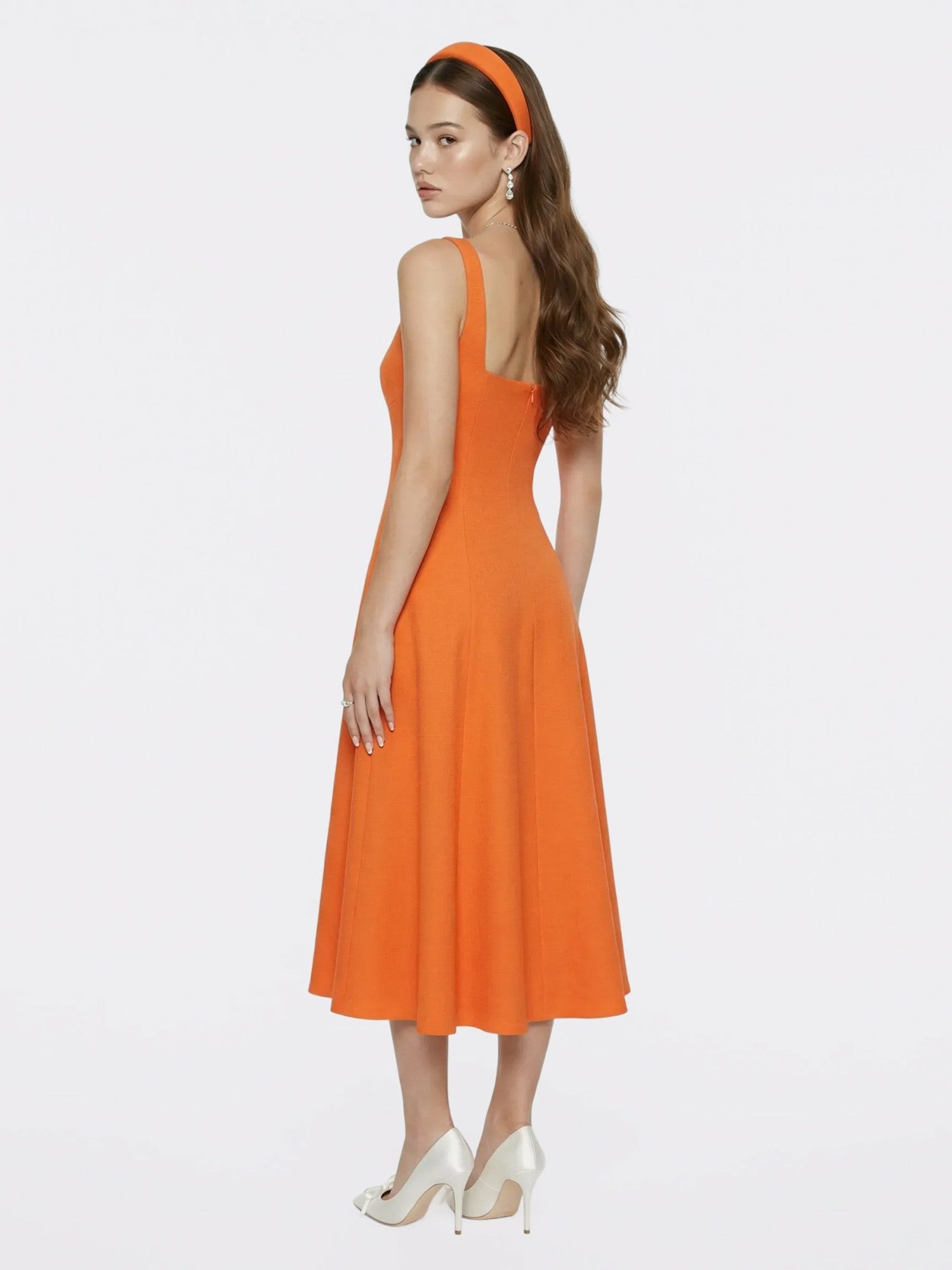 Orange Square-Neck Paneled Midi Dress | Nana Jacqueline
