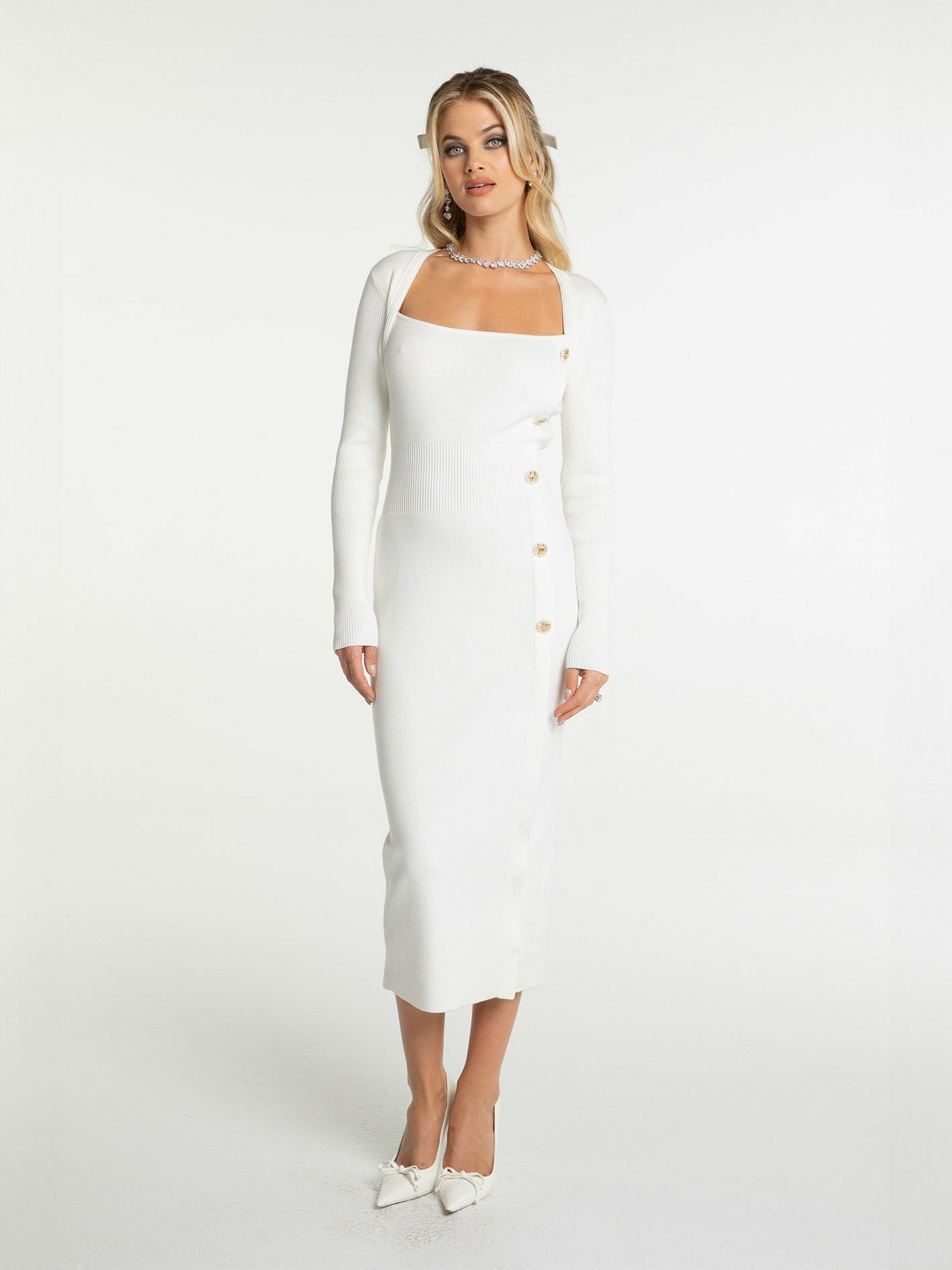 Rylee Knit Dress: White Midi Dress for Bridal Shower | Nana Jacqueline