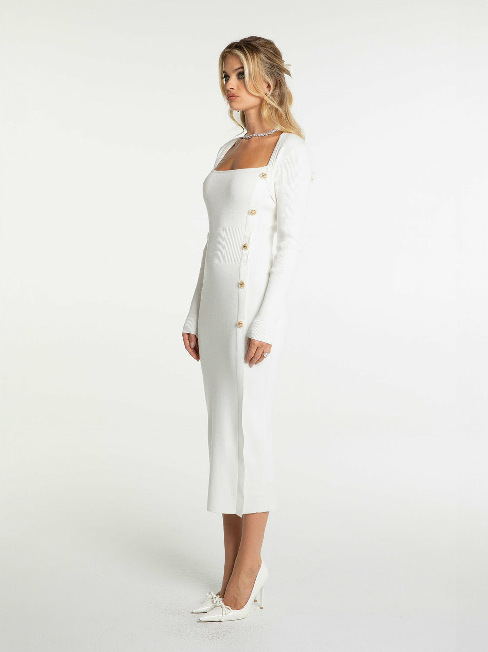 Rylee Knit Dress: White Midi Dress for Bridal Shower | Nana Jacqueline