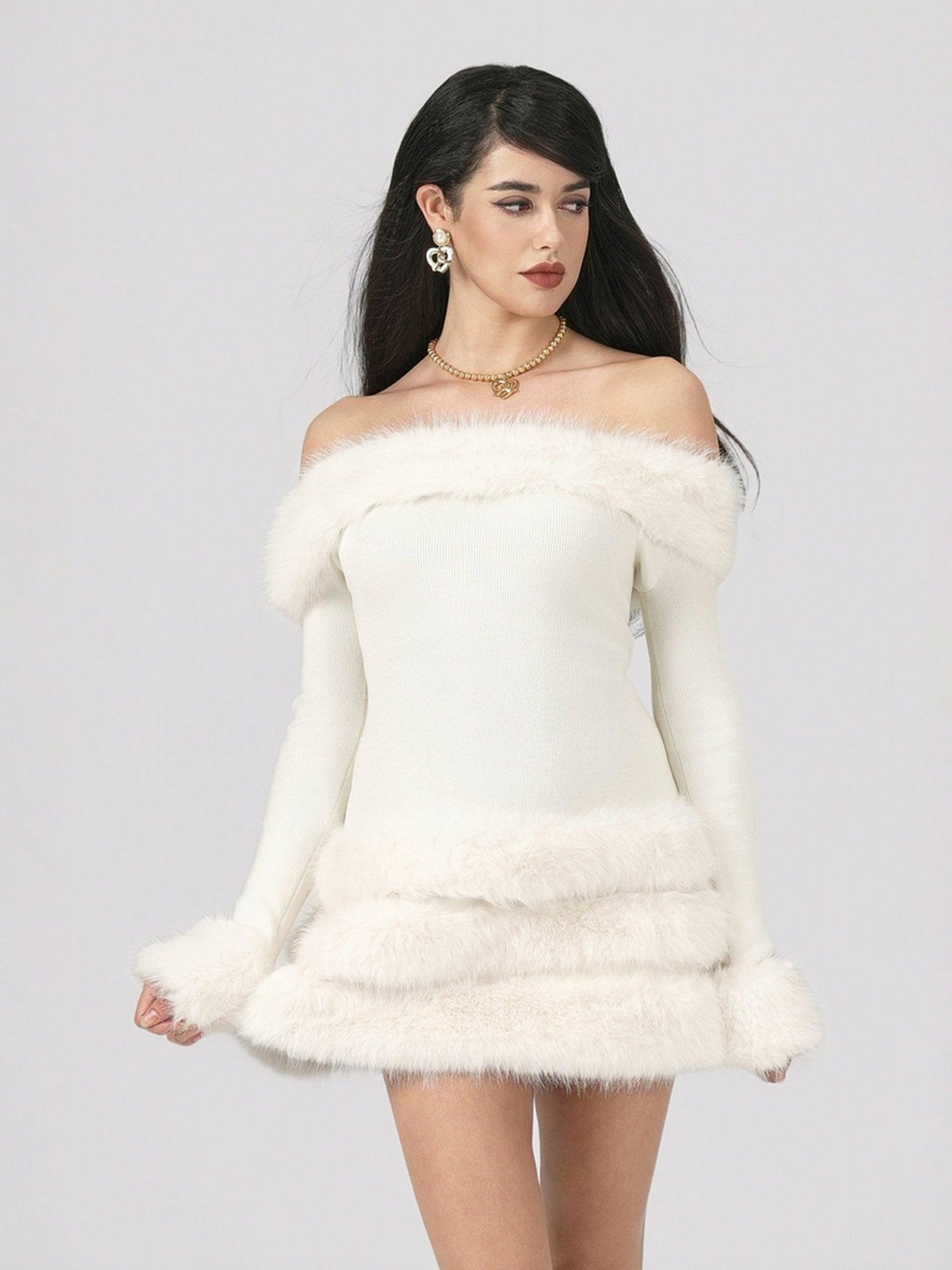Mila Fur Dress: White Mini Dress for Wedding After-Party | Nana Jacqueline
