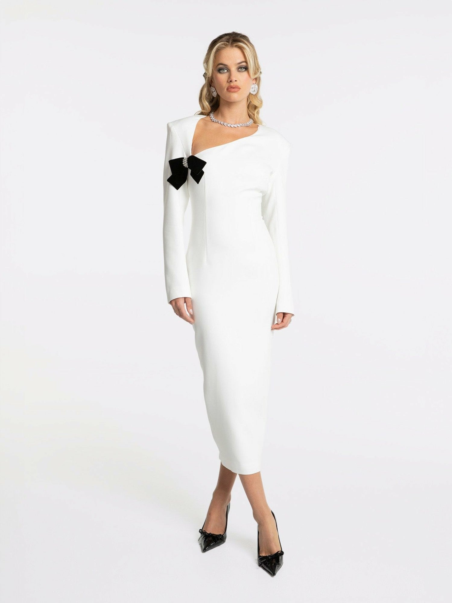 Ellie Bow Dress: White Midi Dress for Rehearsal Dinner | Nana Jacqueline