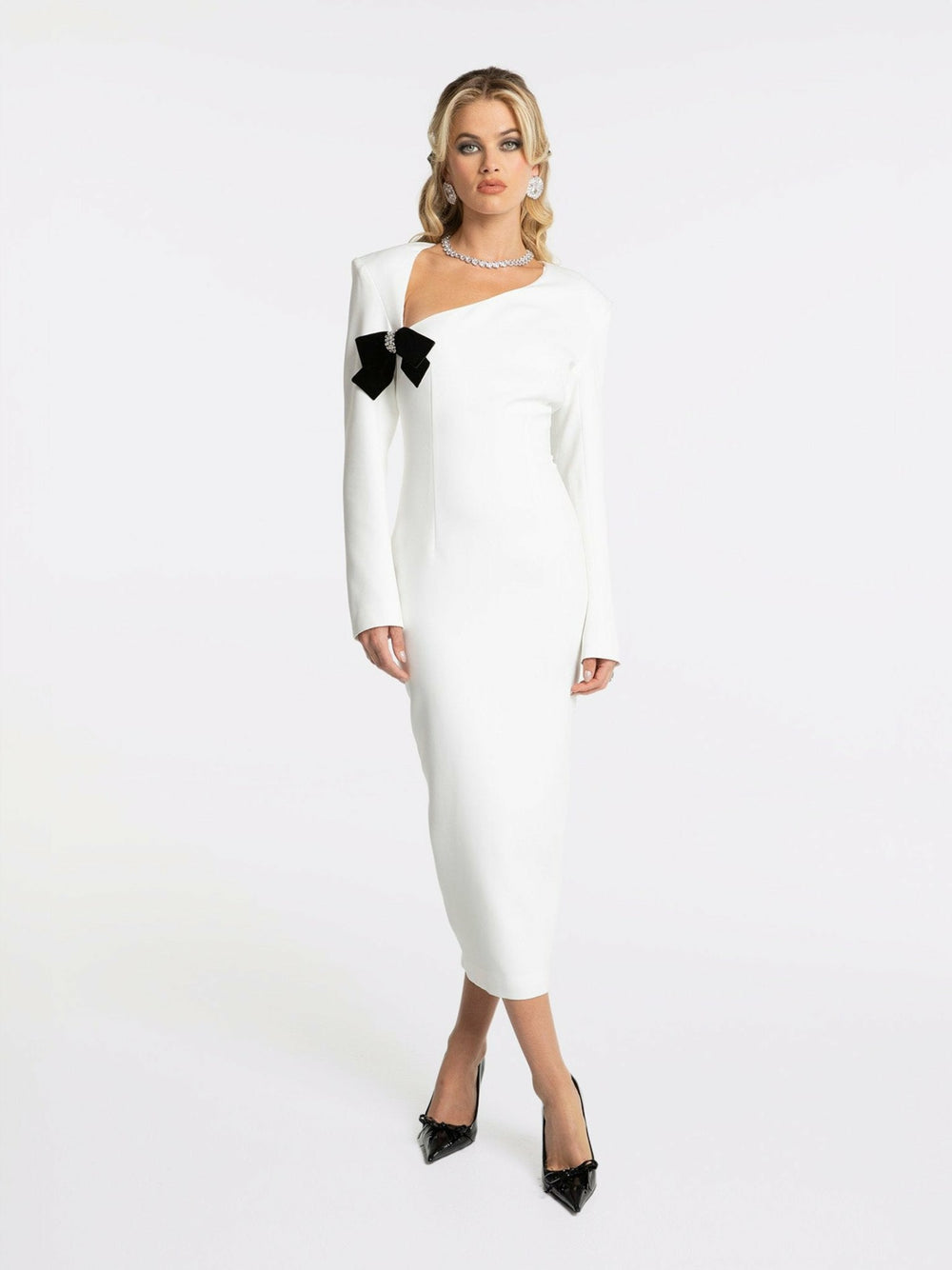 Ellie Bow Dress: White Midi Dress for Rehearsal Dinner | Nana Jacqueline