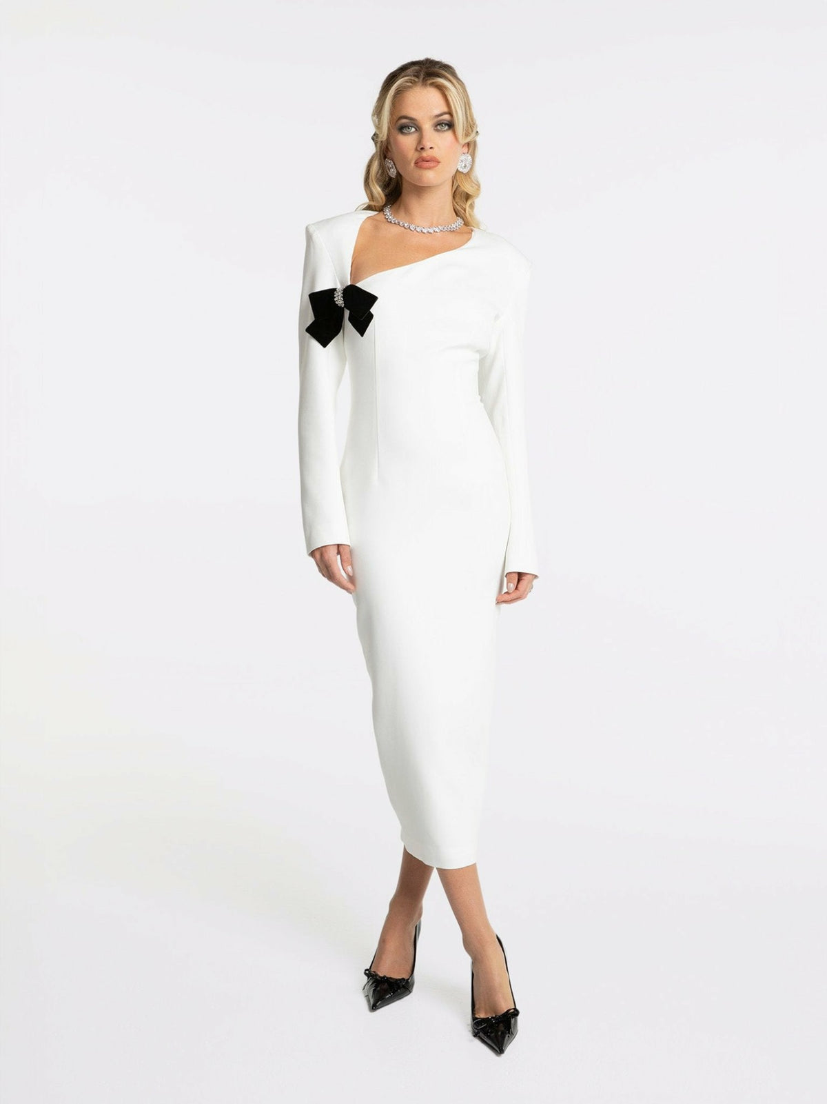 Ellie Bow Dress: White Midi Dress for Rehearsal Dinner | Nana Jacqueline