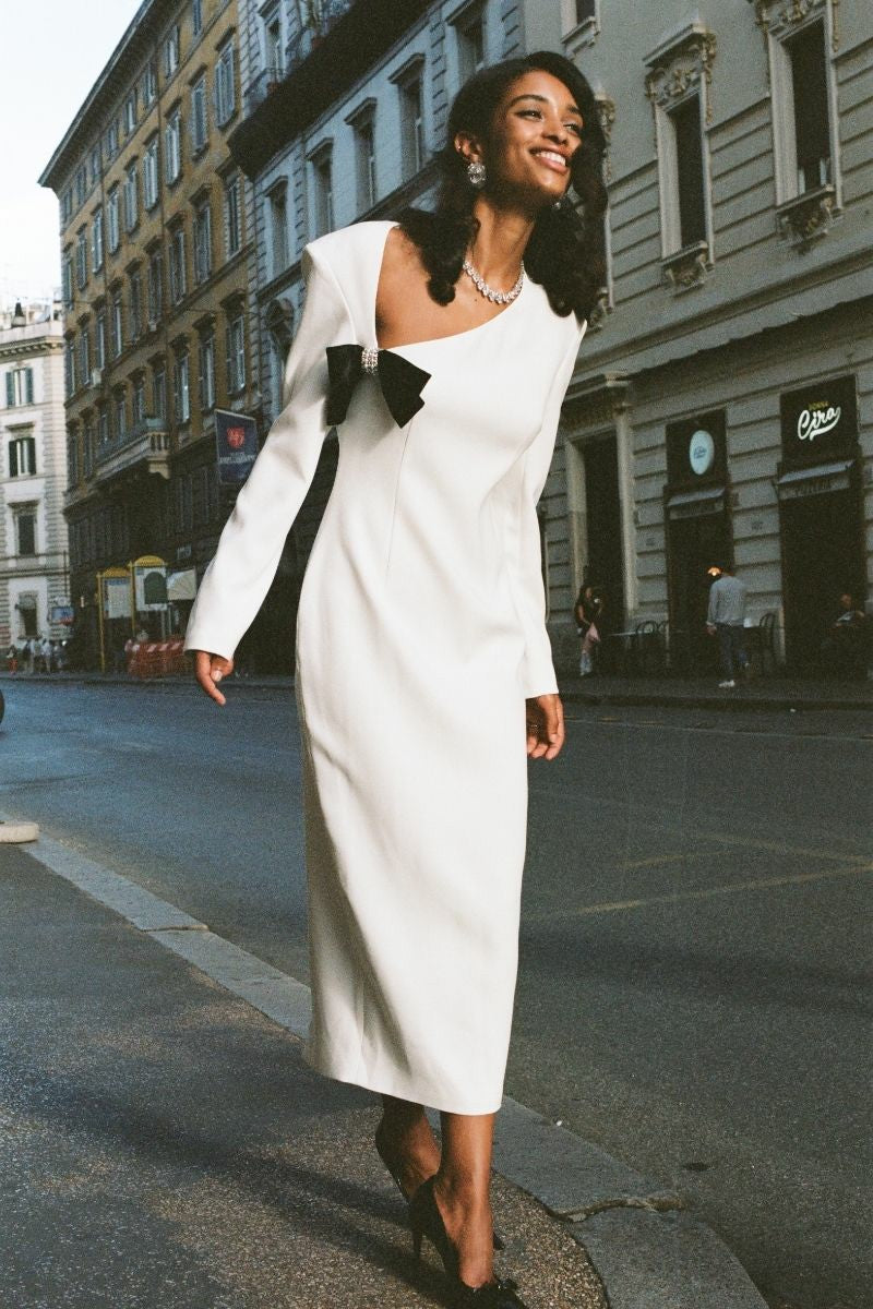 Ellie Bow Dress: White Midi Dress for Rehearsal Dinner | Nana Jacqueline