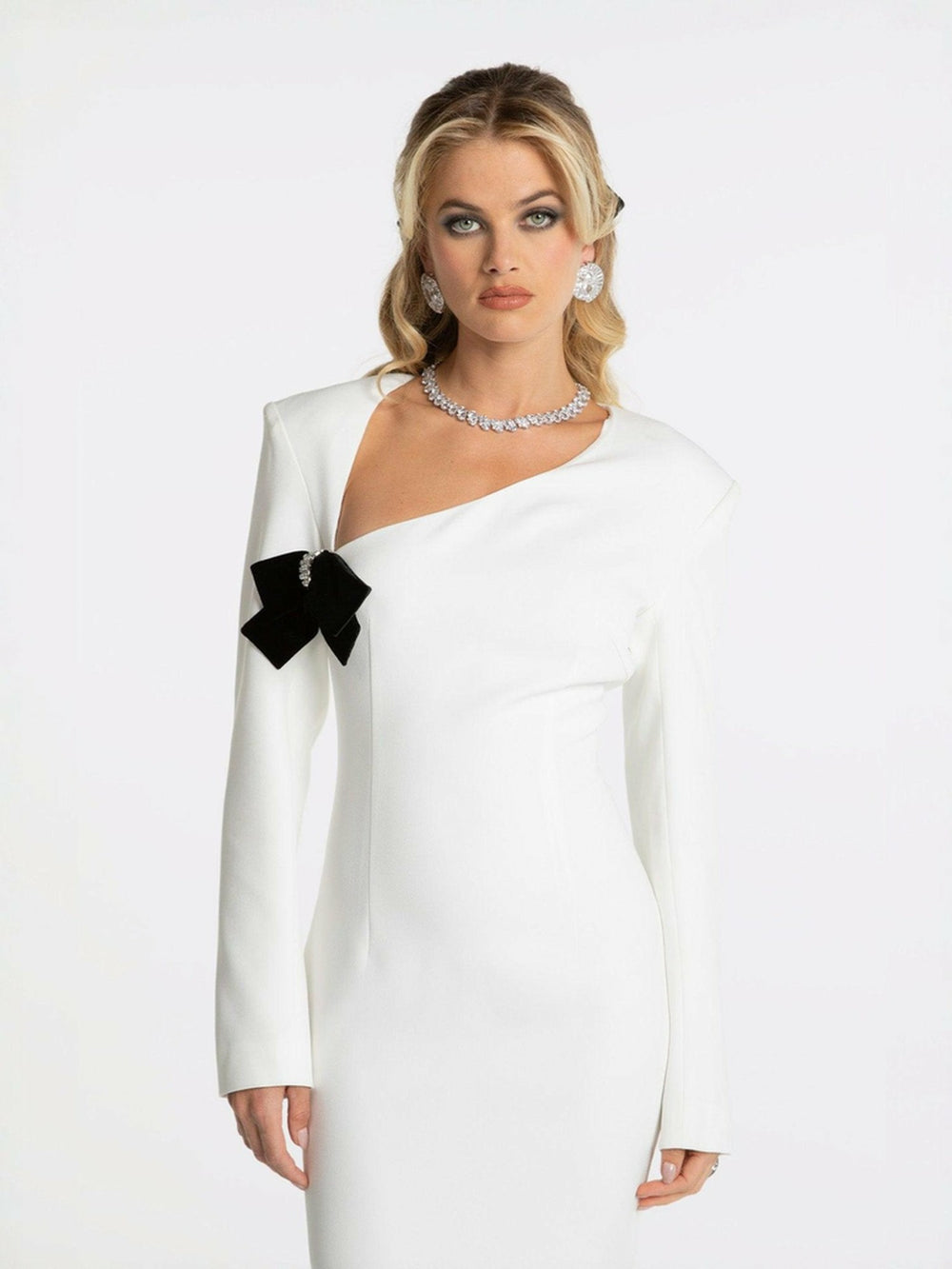 Ellie Bow Dress: White Midi Dress for Rehearsal Dinner | Nana Jacqueline