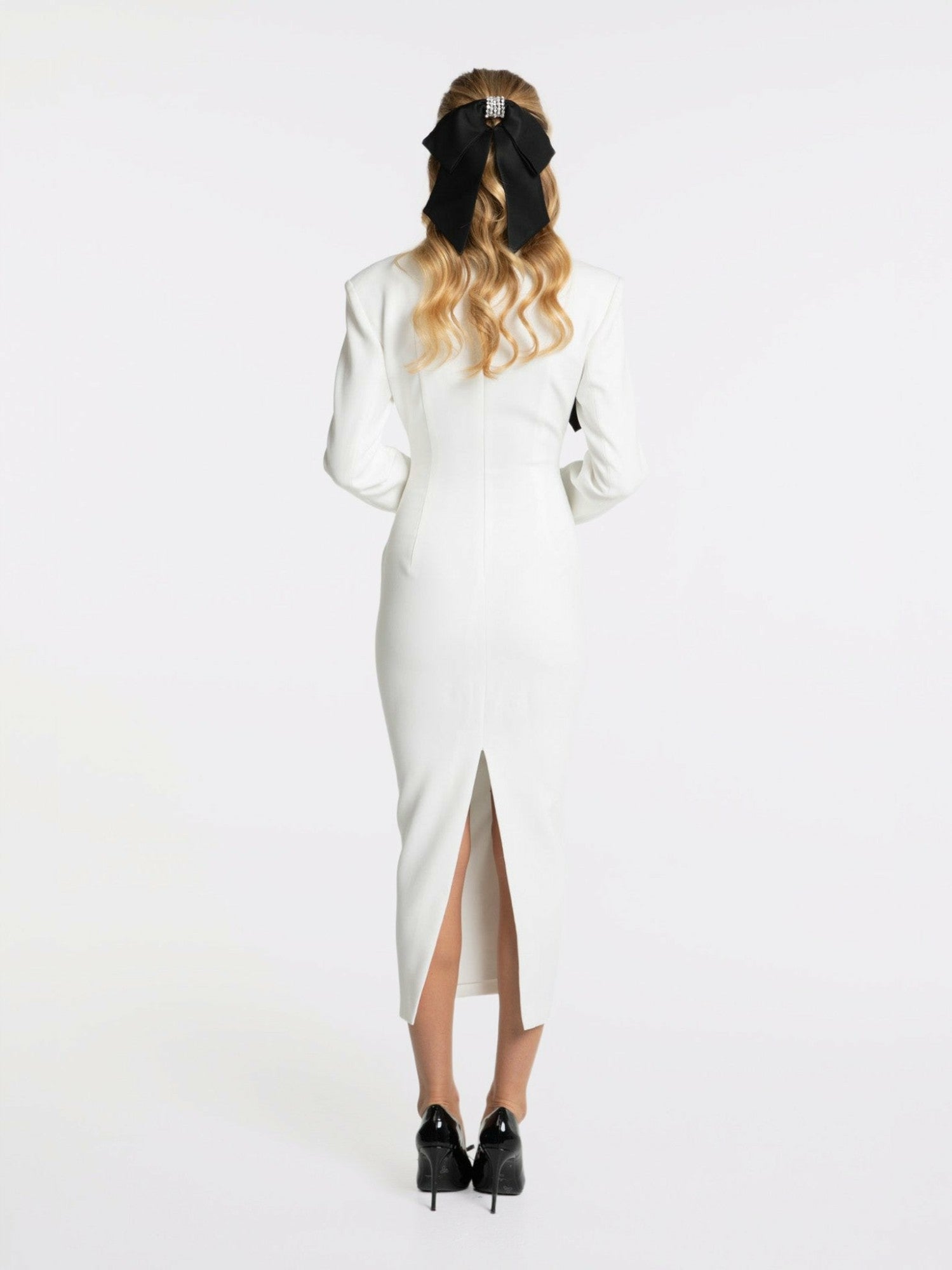 Ellie Bow Dress: White Midi Dress for Rehearsal Dinner | Nana Jacqueline