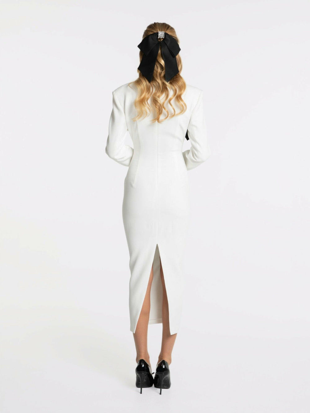 Ellie Bow Dress: White Midi Dress for Rehearsal Dinner | Nana Jacqueline