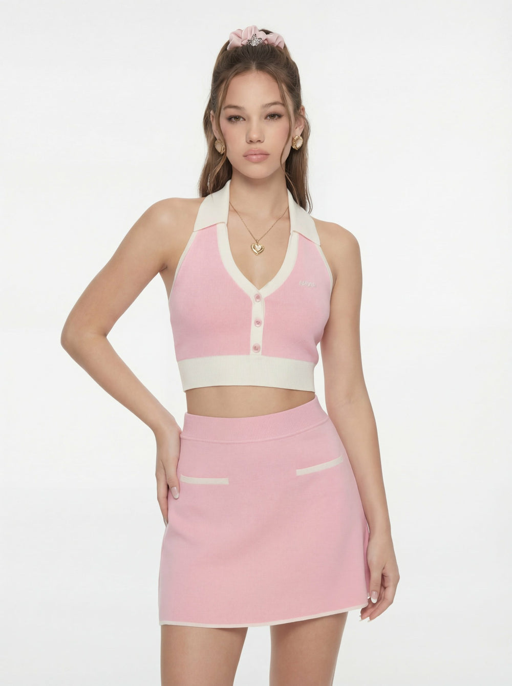 Pink Contrast Halter Knit Top | Nana Jacqueline