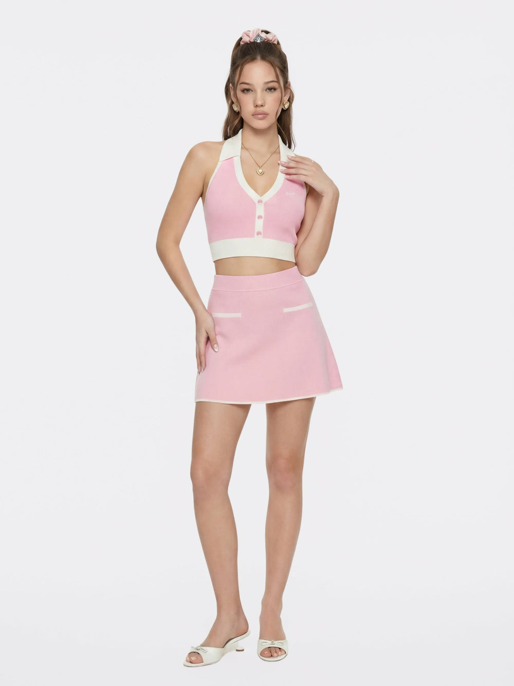 Pink Contrast Halter Knit Top | Nana Jacqueline