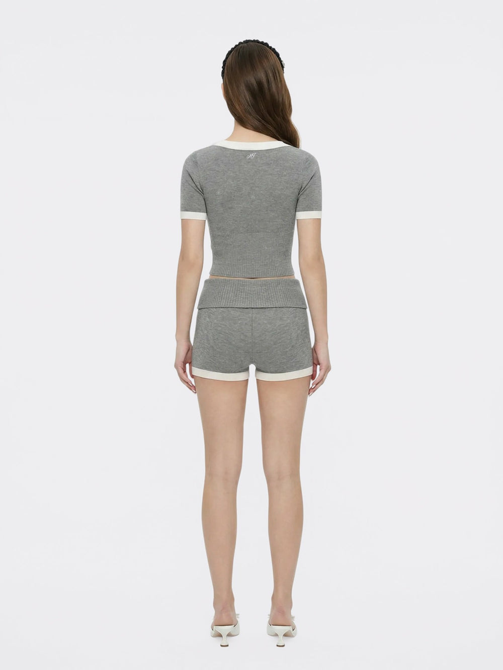 Grey Contrast-Trim Knit Top with Pearl Buttons | Nana Jacqueline