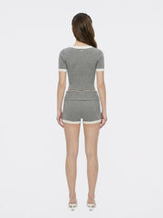 Grey Contrast-Trim Knit Top with Pearl Buttons | Nana Jacqueline