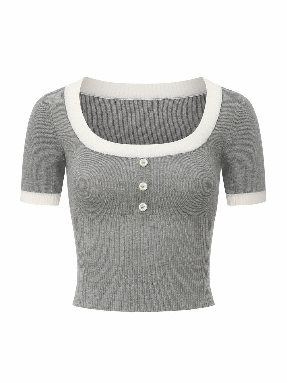Grey Contrast-Trim Knit Top with Pearl Buttons | Nana Jacqueline