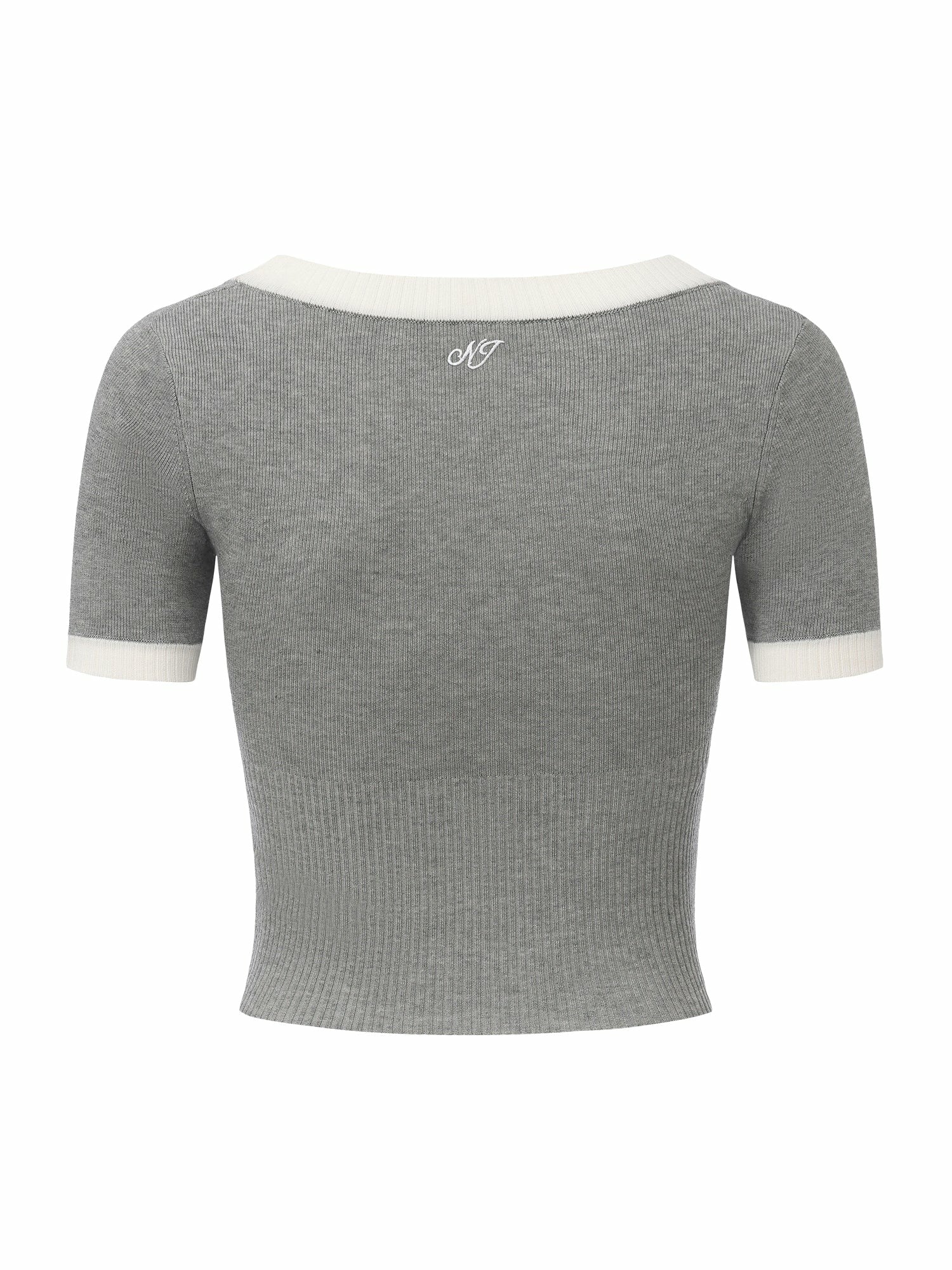 Grey Contrast-Trim Knit Top with Pearl Buttons | Nana Jacqueline
