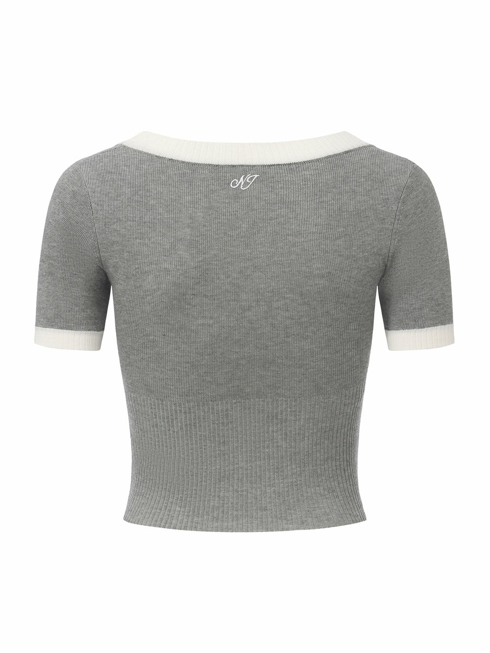 Grey Contrast-Trim Knit Top with Pearl Buttons | Nana Jacqueline
