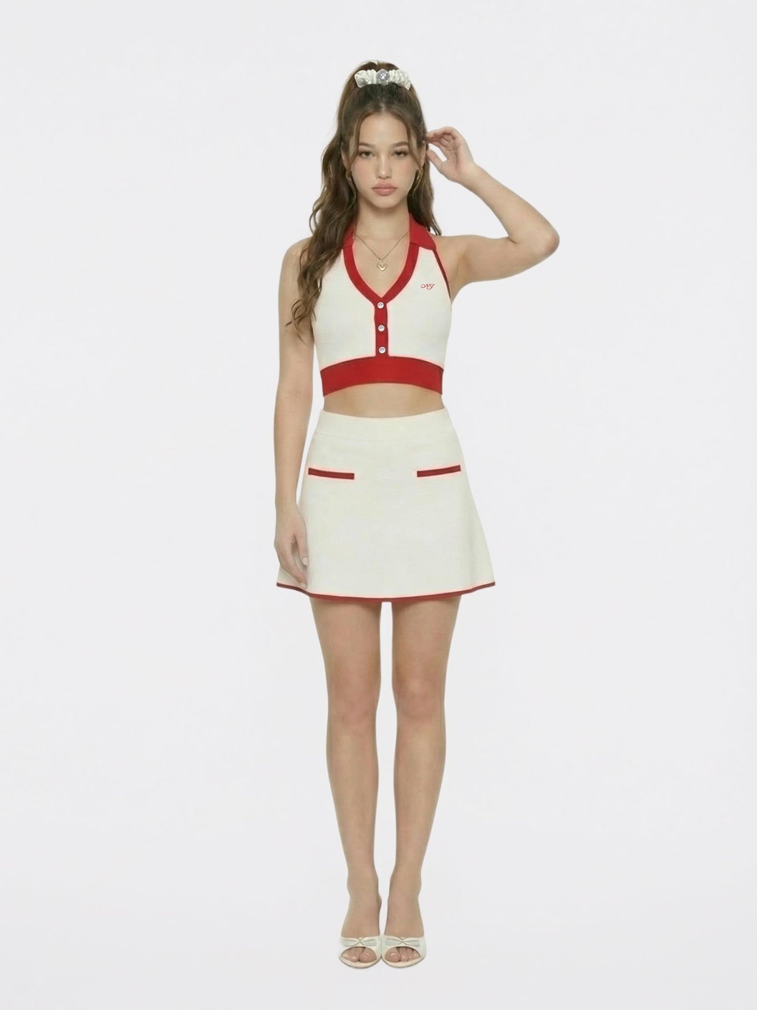 White Contrast Halter Knit Top | Nana Jacqueline
