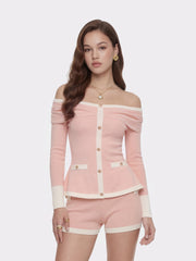 Colette Off-Shoulder Contrast Knit Blush Pink Top | Nana Jacqueline