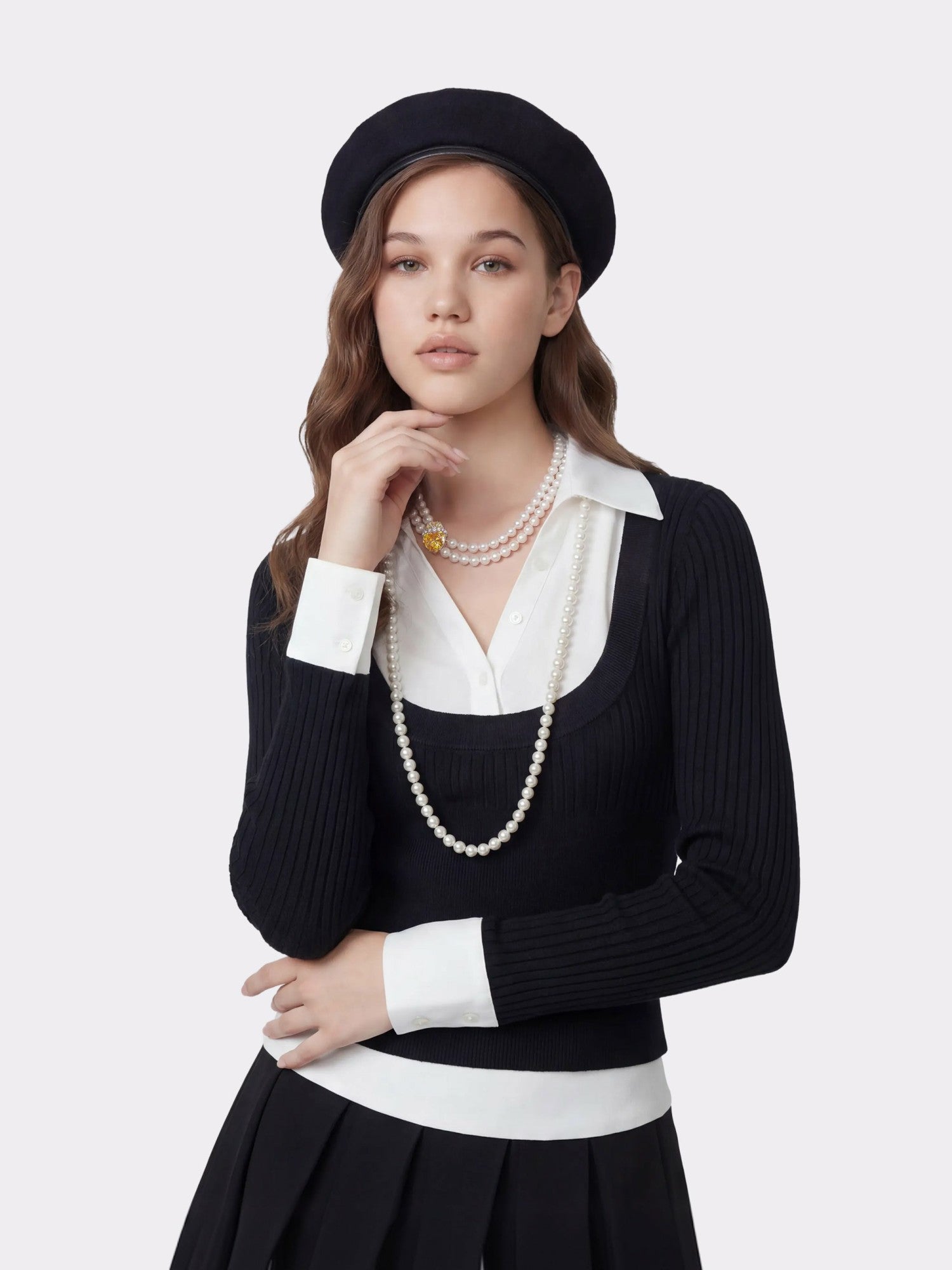 Claudette Contrast Collar Rib Knit Black Top | Nana Jacqueline