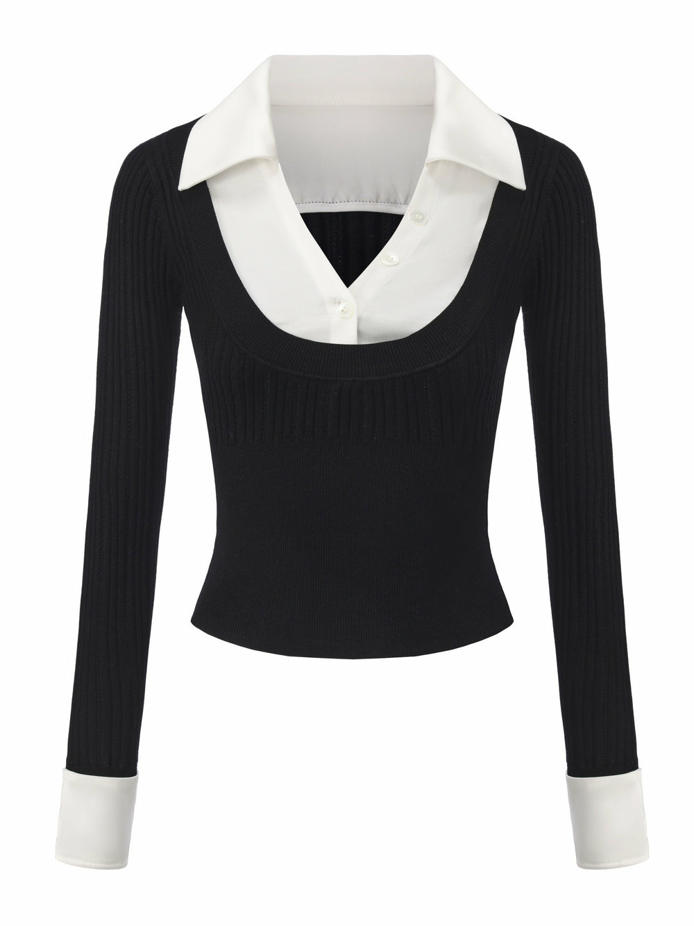 Claudette Contrast Collar Rib Knit Black Top | Nana Jacqueline