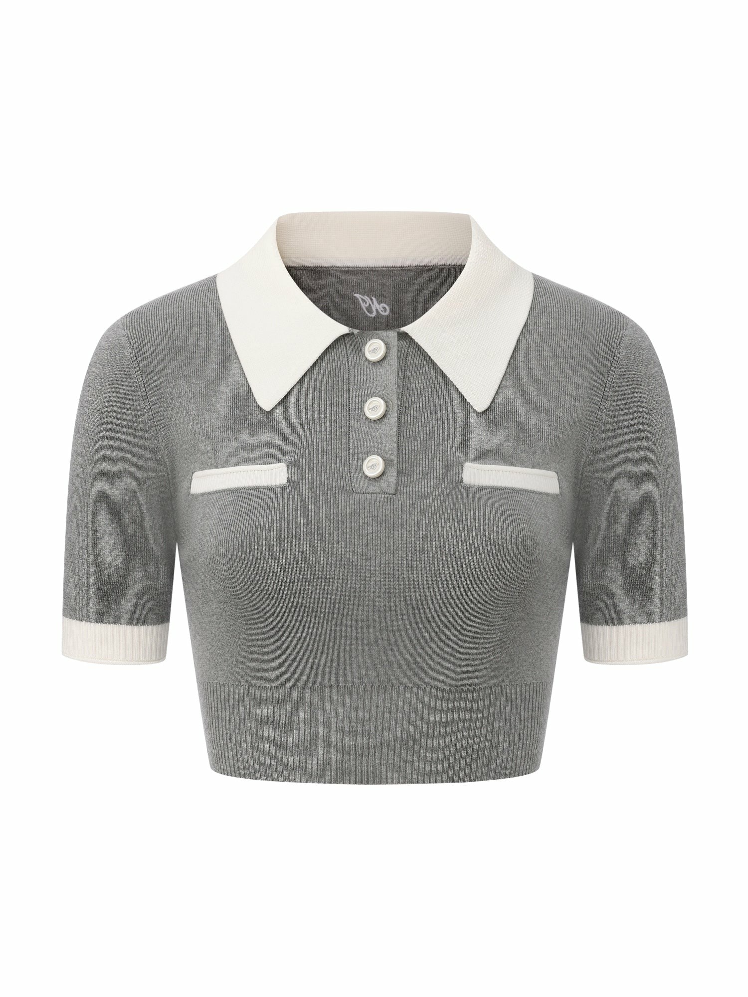Grey Knit Top with White Contrast Collar | Nana Jacqueline